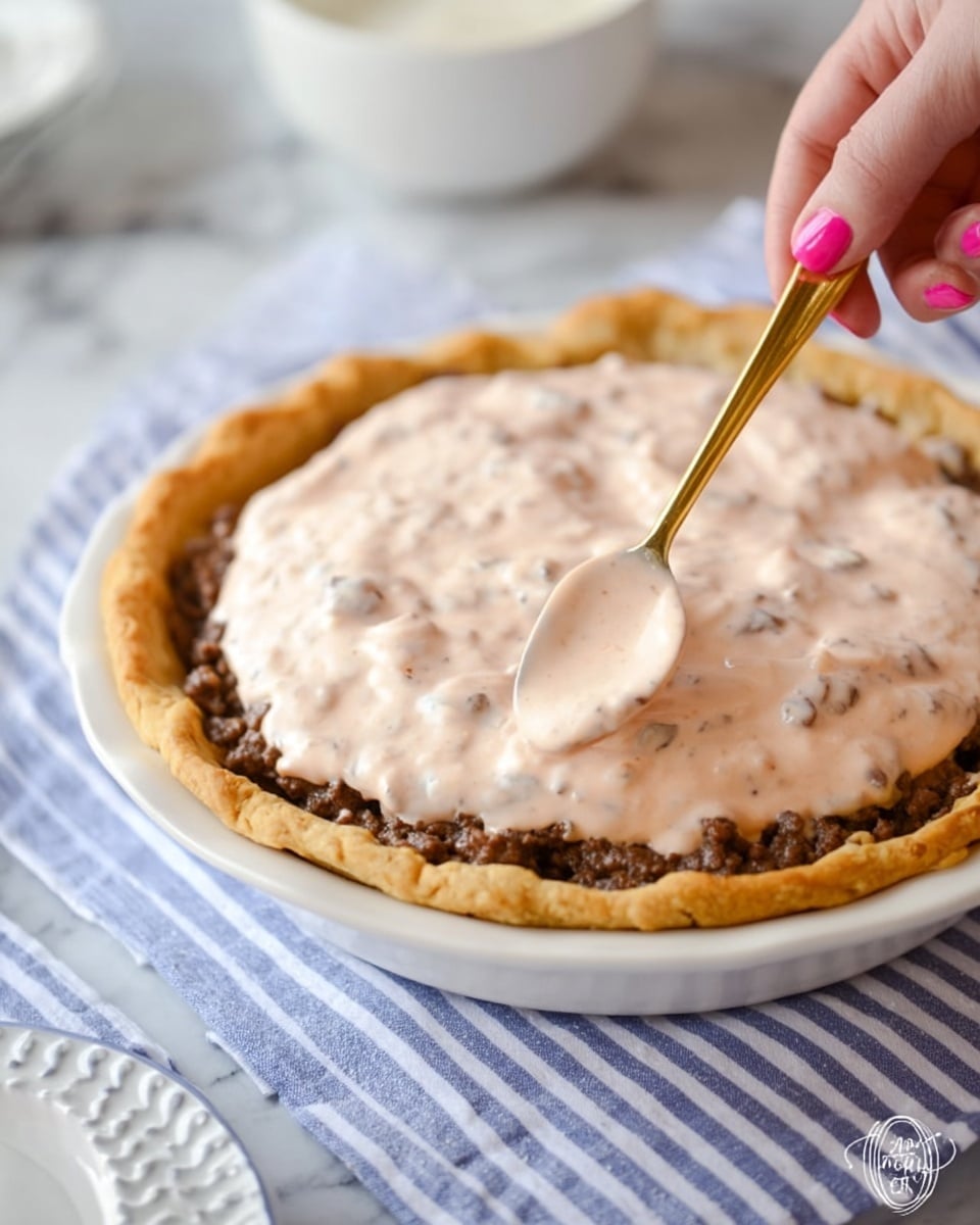A white plate holds a pie with a golden brown crust as the base layer. On top of the crust, there is a dark brown, uneven textured layer of cooked meat. Above the meat layer, a thick, creamy light pink sauce with small bits of darker meat is being spread evenly with a gold spoon by a woman's hand with pink nail polish. The plate rests on a blue and white striped cloth over a white marbled surface. In the background, there is a blurred white bowl. Photo taken with an iphone --ar 4:5 --v 7