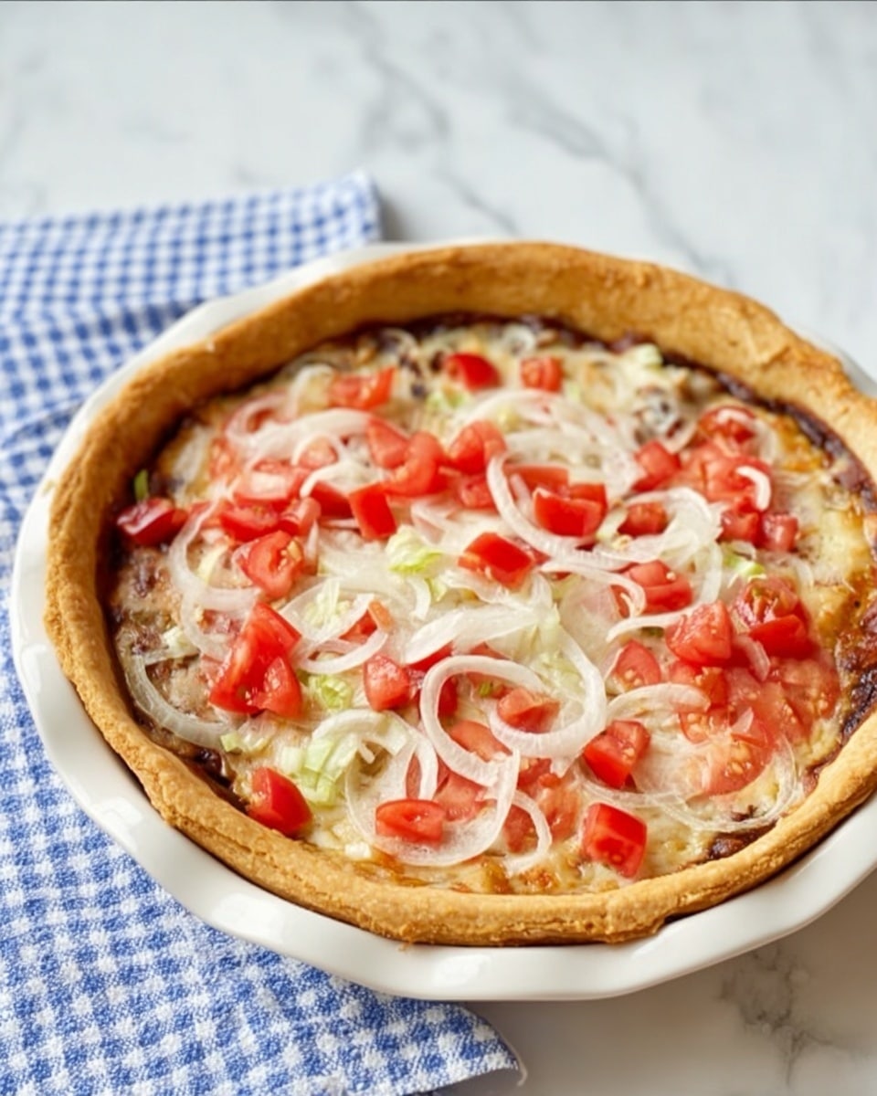 The image shows a deep-dish pizza in a white pie dish placed on a white marbled surface with a blue-and-white checkered cloth underneath. The pizza has a thick, golden-brown crust around the edge. The first layer is a dark red sauce covering the base. On top of the sauce, there is a layer of melted cheese that looks creamy and slightly browned. The cheese is topped with thin slices of white onions spread unevenly, and small pieces of bright red tomatoes are scattered on top, adding a fresh, colorful contrast. The texture of the toppings looks fresh and slightly moist. Photo taken with an iphone --ar 4:5 --v 7