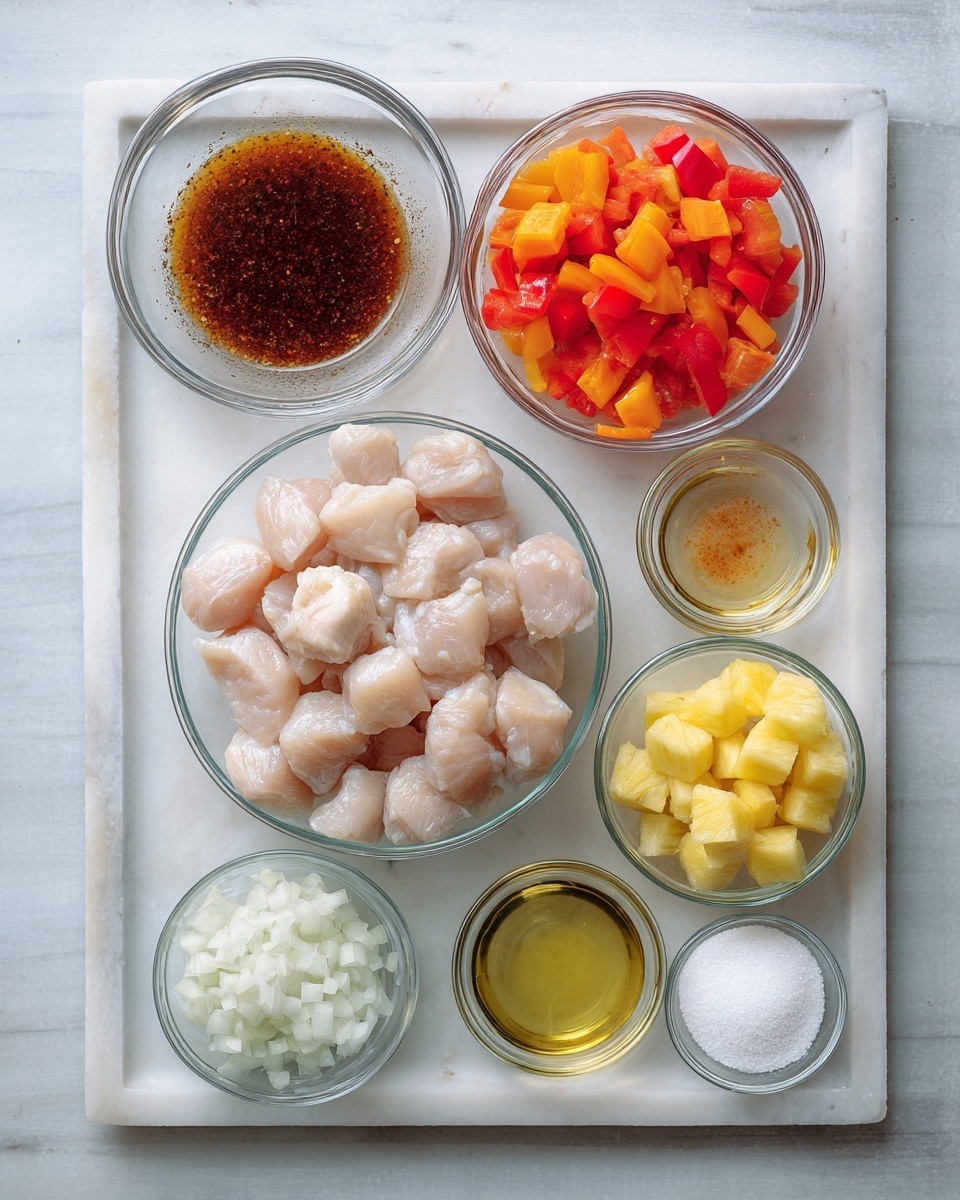 The image shows nine clear glass bowls and small glass dishes arranged on a rectangular tray over a white marbled surface. In the center, there is a large bowl filled with bite-sized raw chicken pieces, pale pink in color and smooth in texture. Above it to the right, a bowl contains chopped red and orange bell peppers with a crisp texture. To the top left, there is a bowl filled with dark brown pineapple teriyaki sauce that looks thick with small bits. Below that, a smaller bowl holds pale yellow pineapple chunks. Next to the pineapple is a small dish with clear golden avocado oil. On the bottom left, a bowl is filled with chopped white onions that have a slightly translucent look. Below the chicken, four small dishes hold white cornstarch, light beige white pepper, and white salt arranged neatly. The overall scene is clean and bright, with natural colors highlighted by soft lighting. Photo taken with an iphone --ar 4:5 --v 7