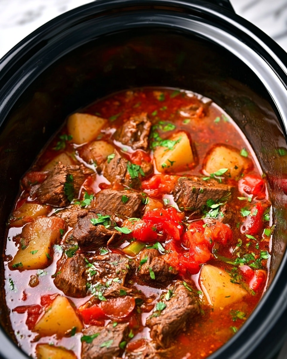 The image shows a close-up view of a slow cooker filled with a stew containing several layers: large chunks of brown cooked meat scattered evenly, surrounded by diced red tomatoes and pale potatoes. The stew has a rich, red-tinted broth that fills the space between the ingredients, with bits of green herbs sprinkled on top, adding a fresh touch. The inside edge of the slow cooker is visible, showing a smooth black rim. The background features a white marbled texture. Photo taken with an iphone --ar 4:5 --v 7
