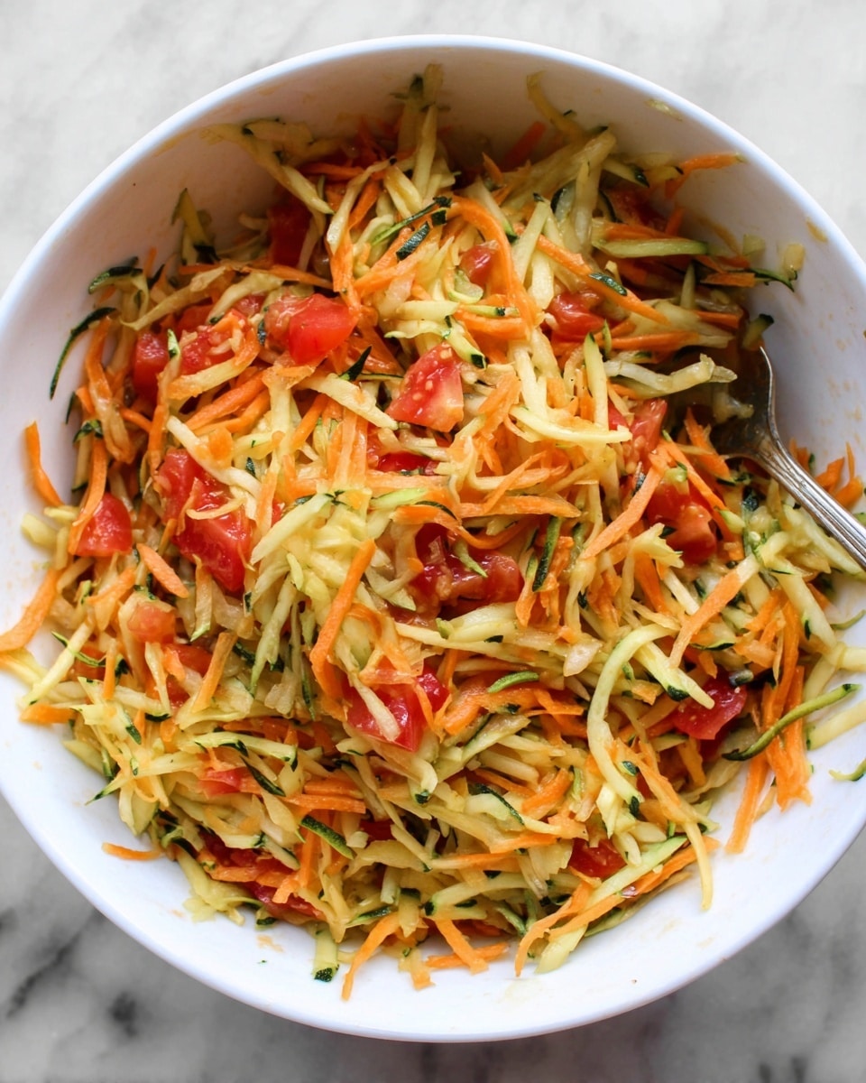 A white bowl filled with shredded vegetables mixed together, including thin orange carrot strips, pale yellowish zucchini shreds with green skin, and small chunks of bright red tomatoes scattered throughout. The bowl sits on a white marbled surface, and a silver fork is partially visible on the right side inside the bowl. The mix has a fresh, colorful texture with thin, uneven lengths of the shredded vegetables. photo taken with an iphone --ar 4:5 --v 7