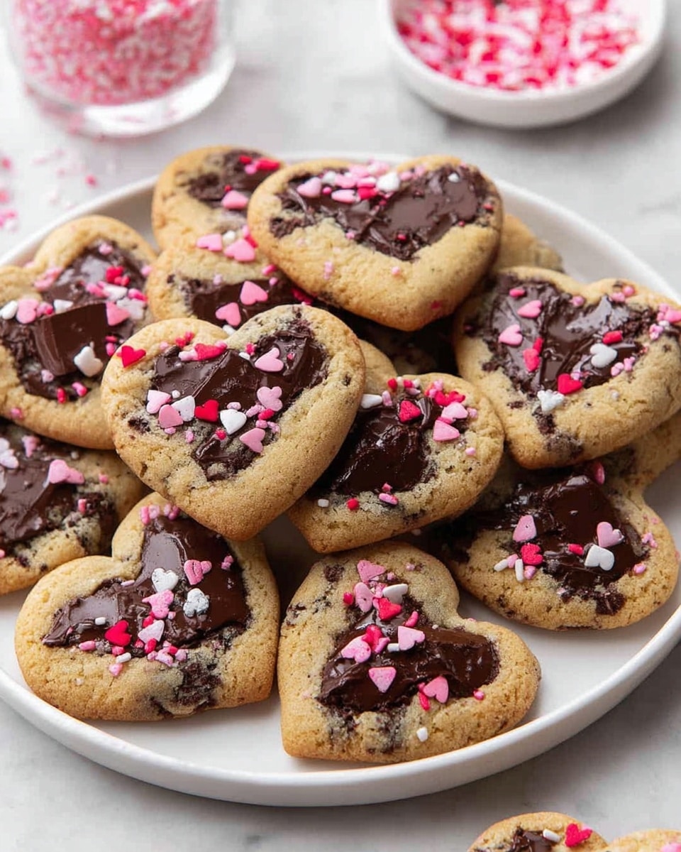 A white plate full of heart-shaped cookies stacked over each other, each cookie is light brown with large dark brown melted chocolate chips scattered on top. The cookies are decorated with small red, pink, and white heart-shaped sprinkles spread unevenly across the surface. Around the plate, there are a few more cookies on clear plastic containers and a white marbled surface underneath. Bright and clear lighting shows the soft texture and rich chocolate pieces throughout the cookies photo taken with an iphone --ar 4:5 --v 7