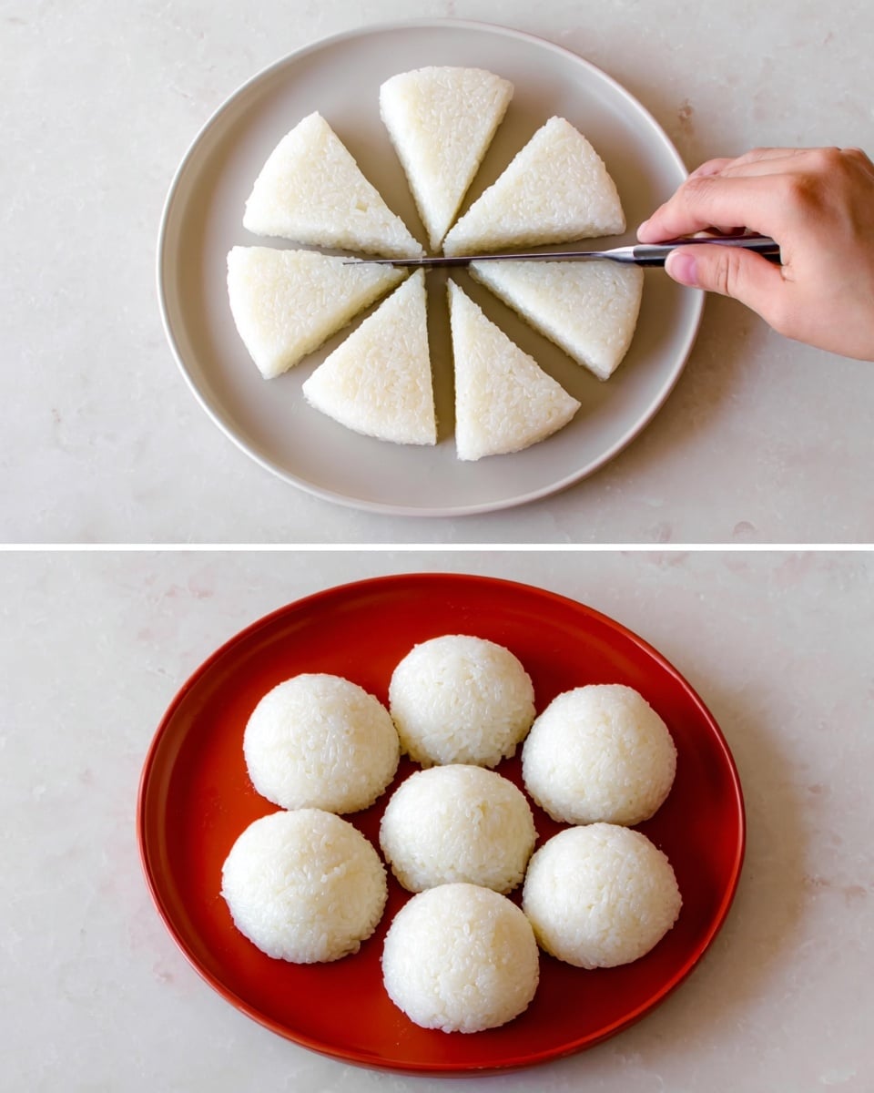 A white round rice cake is on a white plate, placed on a white marbled surface. The rice cake is divided into eight equal wedge shapes, with a woman's hand holding a knife cutting through it from the center outward in one image. In the next image, the eight wedges have been formed into smooth, white, round rice balls arranged in a circle on the same white plate and white marbled surface. Photo taken with an iphone --ar 4:5 --v 7