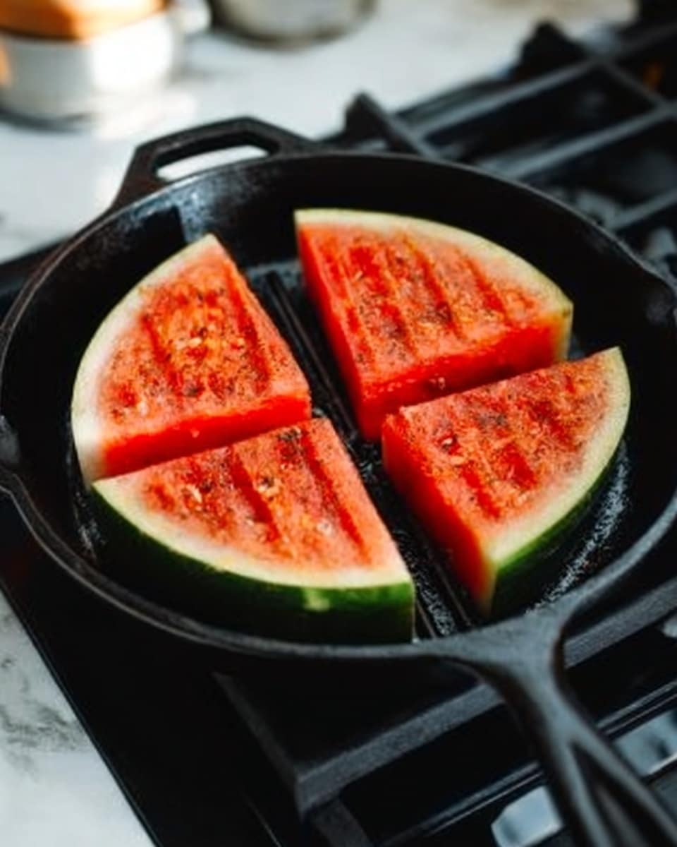 The image shows a round slice of watermelon divided into four triangular pieces placed on a black cast iron grill pan. The watermelon has a bright red interior with a few dark seeds, surrounded by a thin white rind and a thick green outer skin. The grill pan sits on a black stovetop, and the background features a white marbled surface with some blurry objects in the distance. The light highlights the juicy texture of the watermelon and the details of the grill pan's ridges photo taken with an iphone --ar 4:5 --v 7
