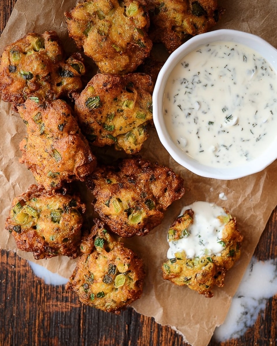 Several golden-brown fritters with a rough texture and green vegetable pieces scattered inside are spread loosely on a brown paper atop a dark wooden surface with a white marbled texture. One fritter on the lower right is dipped in a thick, creamy white sauce flecked with small green herbs, and a white bowl filled with more of this sauce sits near the center of the image. Photo taken with an iphone --ar 4:5 --v 7