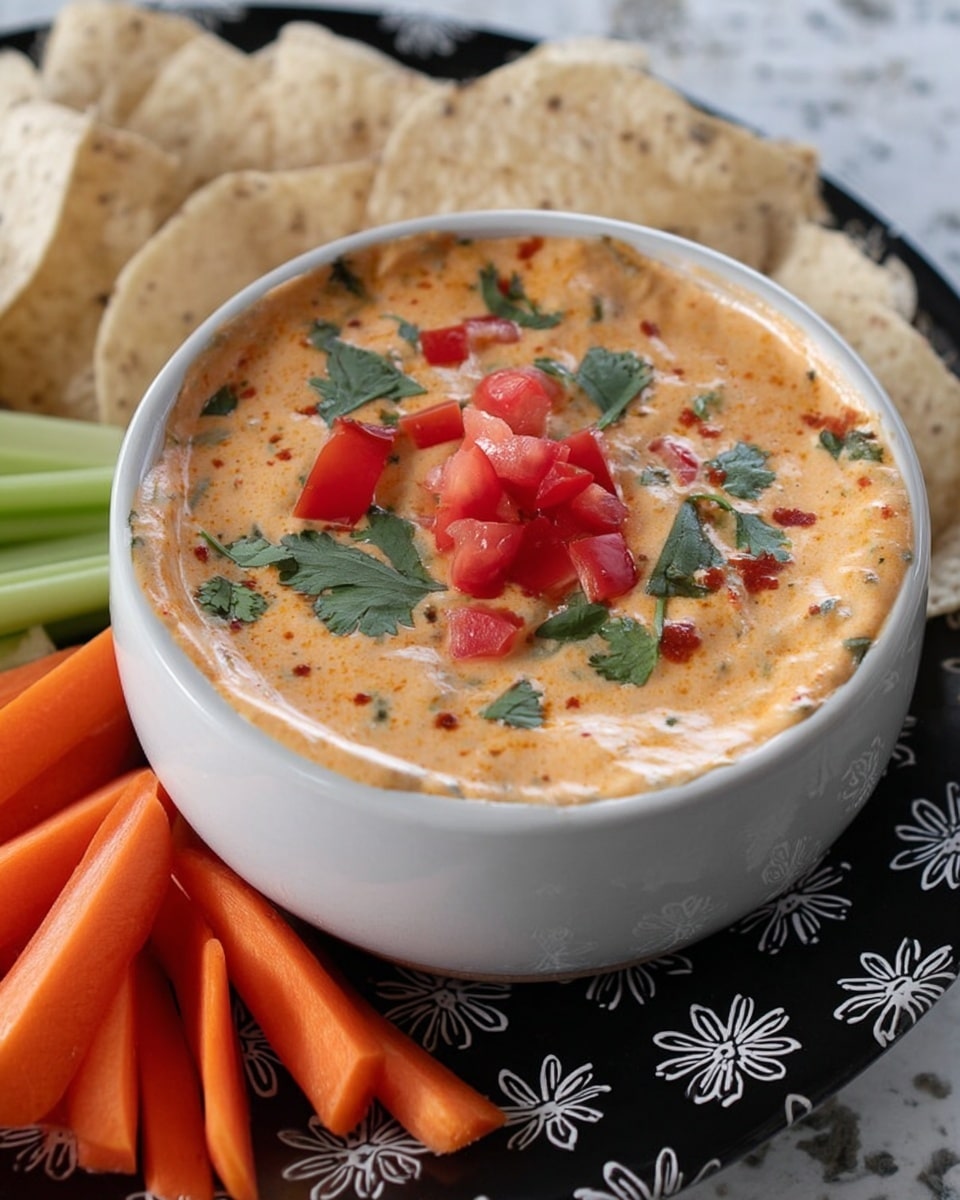 A white bowl filled with a creamy orange dip topped with small chunks of bright red tomatoes and green cilantro leaves. The dip looks smooth with some texture and small herbs mixed in. The bowl sits on a black plate with white flower patterns, surrounded by light beige tortilla chips in the background, bright orange baby carrots arranged in front, and some light green celery sticks on the side. The surface under the plate is a white marbled texture photo taken with an iphone --ar 4:5 --v 7