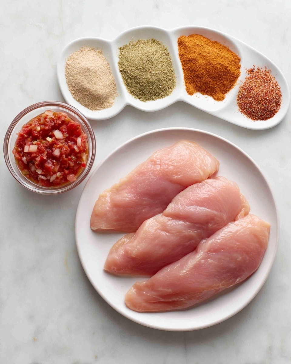 A white plate with four raw pink boneless chicken pieces neatly arranged on it sits on a white marbled surface. Above the plate, a small white oval dish holds four separate piles of taco seasoning mix in shades of light beige, green, orange, and brown. Below the plate, a small clear glass bowl contains red salsa with chunks. The background is plain with no other items visible. Photo taken with an iphone --ar 4:5 --v 7