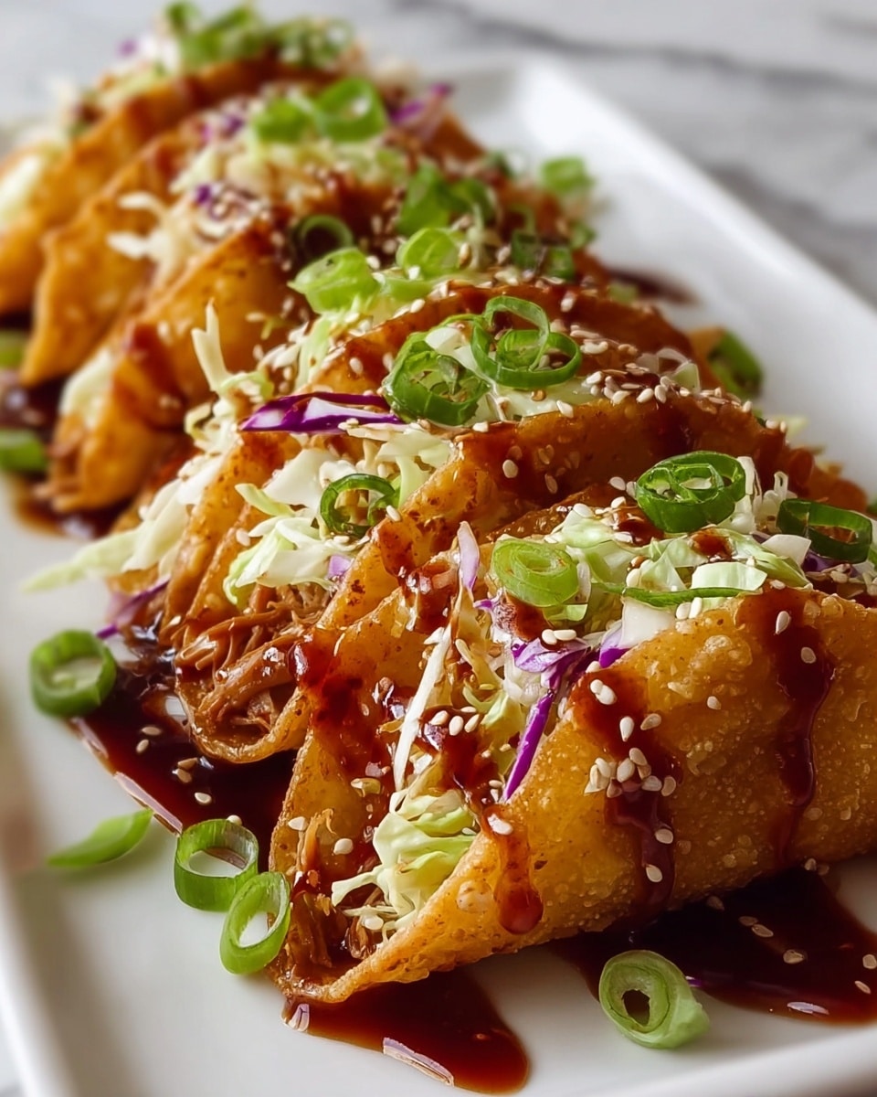 There is a white plate with four golden brown, folded tacos lined up in a row. Each taco has a crispy textured shell that looks lightly fried, filled with shredded light brown meat and white cabbage with a bit of purple cabbage on top. Green onion slices and sesame seeds sprinkle over the whole dish, and a glossy dark brown sauce is drizzled on the tacos and plate, adding shine and color contrast. A white marbled surface is beneath the plate, giving a clean and fresh look. photo taken with an iphone --ar 4:5 --v 7