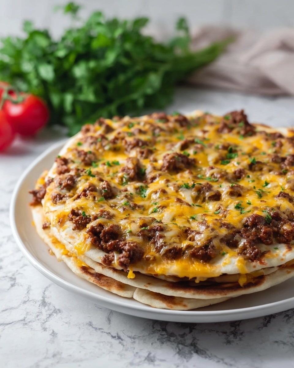 The image shows a white marbled surface with four white dishes and one tortilla. In the bottom left, there is a bowl filled with raw ground meat, its texture coarse and deep red. To the right of it, a bowl holds shredded yellow and white cheese, finely grated and piled high. Above the meat, there is a smaller bowl filled with a creamy orange-colored sauce, smooth with tiny bits of red. Above the cheese, a very small bowl contains a reddish-brown spice powder. On the top right, a single pale tortilla rests flat against the surface. A sheer white cloth is placed in the lower right corner. Photo taken with an iphone --ar 4:5 --v 7