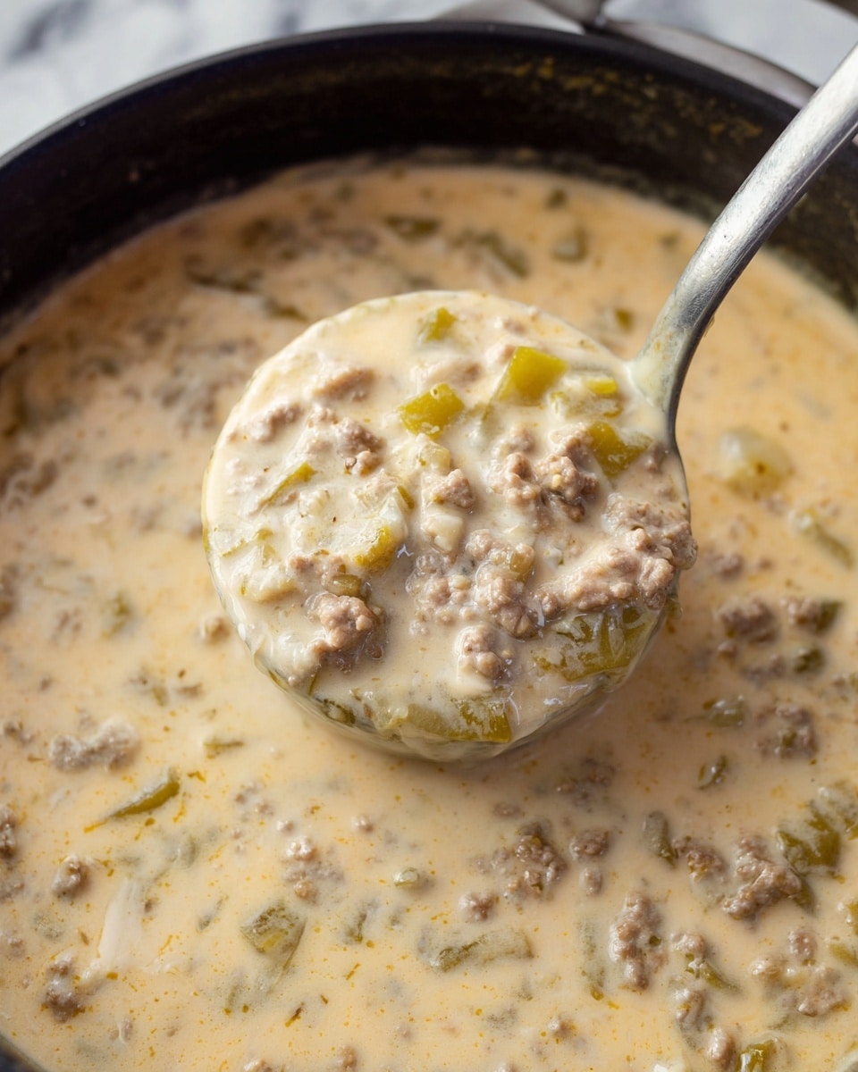 The image shows a close-up of a creamy soup with a thick texture in a large black pot. The soup is light beige with small chunks of cooked ground meat and diced green peppers scattered evenly through the creamy base. A metal ladle is lifting a scoop of the soup, showing its hearty mix of ingredients and smooth, rich consistency. The creamy liquid has a slightly glossy surface with visible pieces of soft vegetables and meat throughout, creating a mix of soft beige, light green, and light brown colors. The background is a white marbled texture. photo taken with an iphone --ar 4:5 --v 7
