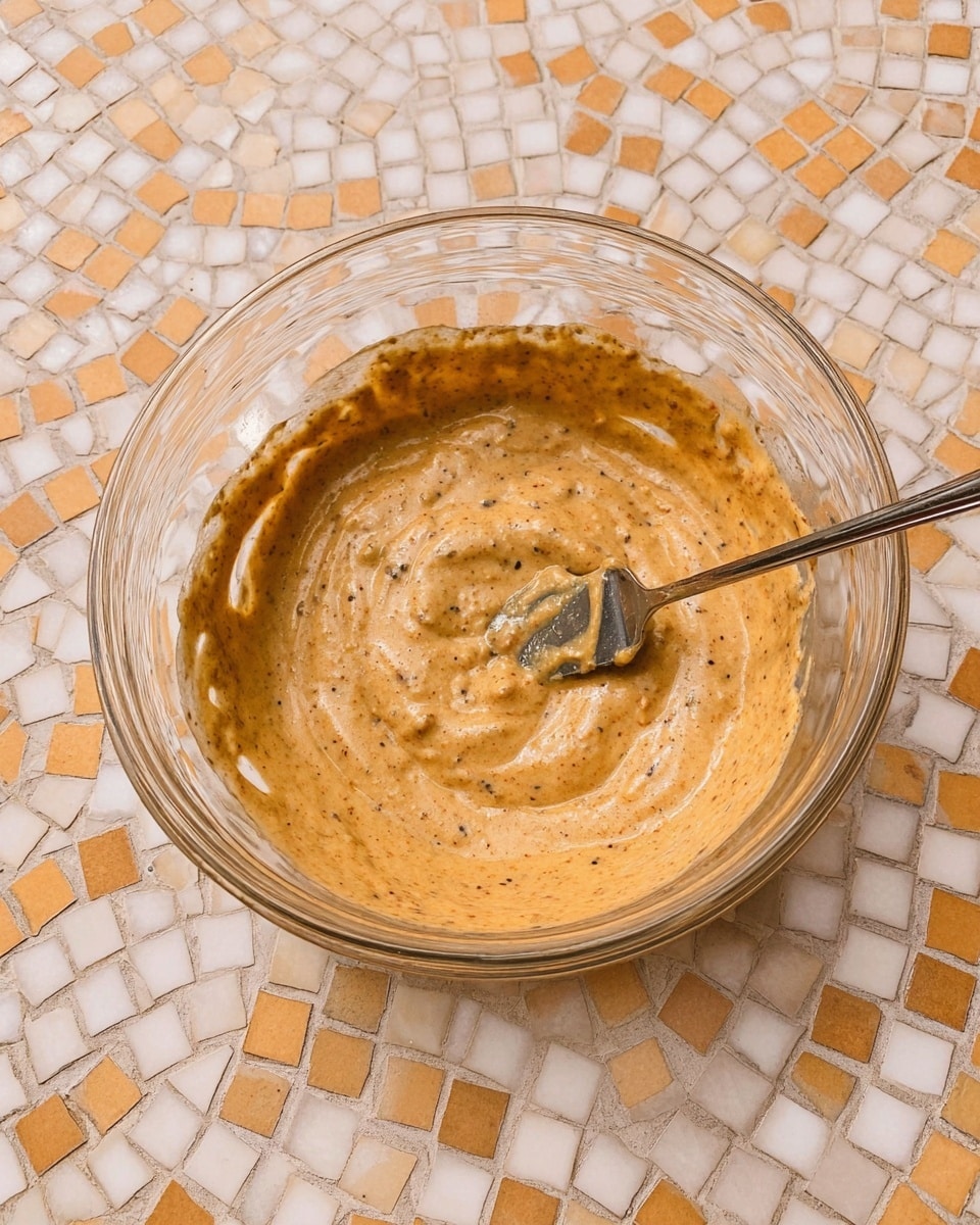A clear glass bowl shows a creamy, light brown mixture with a slightly thick and smooth texture, speckled with small darker bits throughout. The mixture fills most of the bowl, surrounding a small metal blade with some of the brown mixture on it in the center. The bowl sits on a surface with a mosaic pattern in light brown and white colors. photo taken with an iphone --ar 4:5 --v 7