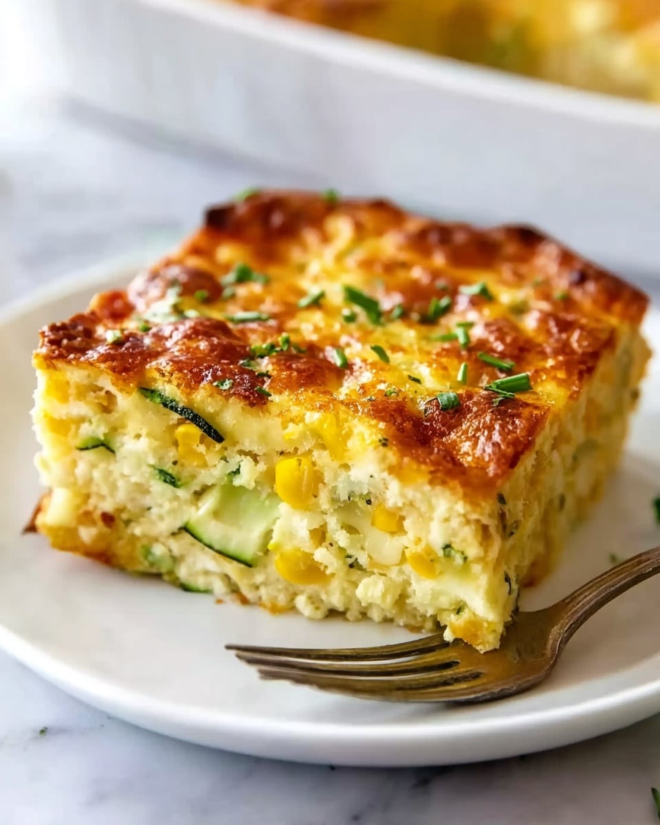 The dish is a golden baked casserole in a clear glass square dish. The top layer is bubbly and browned cheese mixed with light green zucchini slices and small herbs scattered around. Underneath the top, there is a thick, creamy yellow layer visible through the glass sides, and below that, a slightly darker yellow layer, all held together inside the glass dish. The casserole is placed on a white marbled surface with soft natural lighting showing its texture clearly. photo taken with an iphone --ar 4:5 --v 7