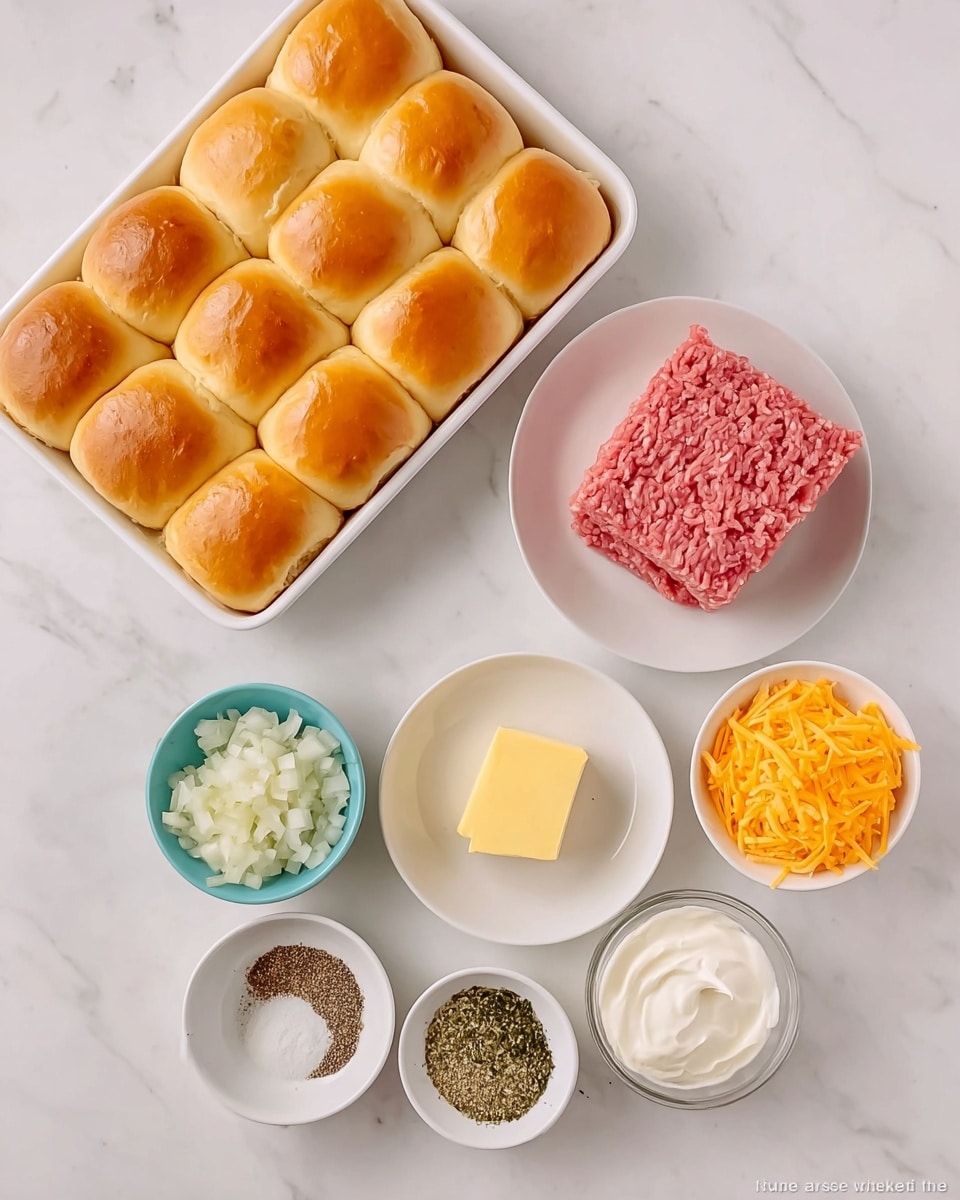 The image shows several small white bowls and a white plate arranged on a white marbled surface. In the top left, there is a baking tray filled with 12 neatly arranged golden brown dinner rolls with soft tops. Below it, a white plate holds a block of pink raw ground meat with fine texture. Surrounding these are small white bowls containing different ingredients: chopped white onions in a turquoise bowl, bright orange-yellow sliced cheese stacked in a white bowl, a small cube of pale yellow butter, a mix of black pepper, garlic powder, and salt, a bowl of an herb and seasoning blend with varied textures, and a bowl with a dollop of white creamy substance. The setup is clean and organized. photo taken with an iphone --ar 4:5 --v 7