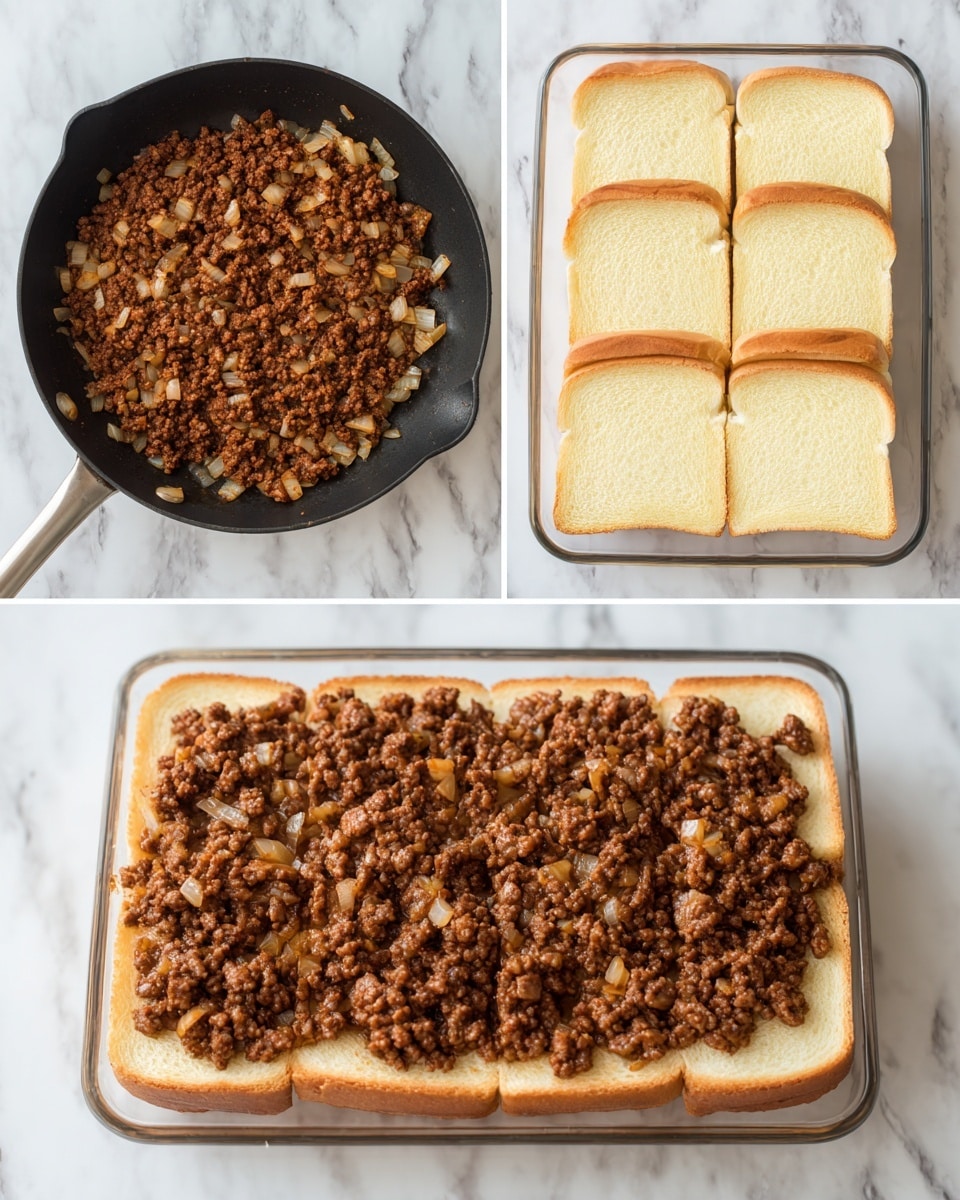 The image shows three side-by-side photos. The first photo is a black skillet with cooked ground meat mixed with small pieces of onion, with the meat looking browned and crumbly on a white marbled surface. The second photo shows a clear baking dish with a layer of four rectangular slices of bread placed at the bottom, light yellow and soft in texture. The third photo is the same clear baking dish but now topped with the browned ground meat mixture evenly spread over the bread layer. photo taken with an iphone --ar 4:5 --v 7