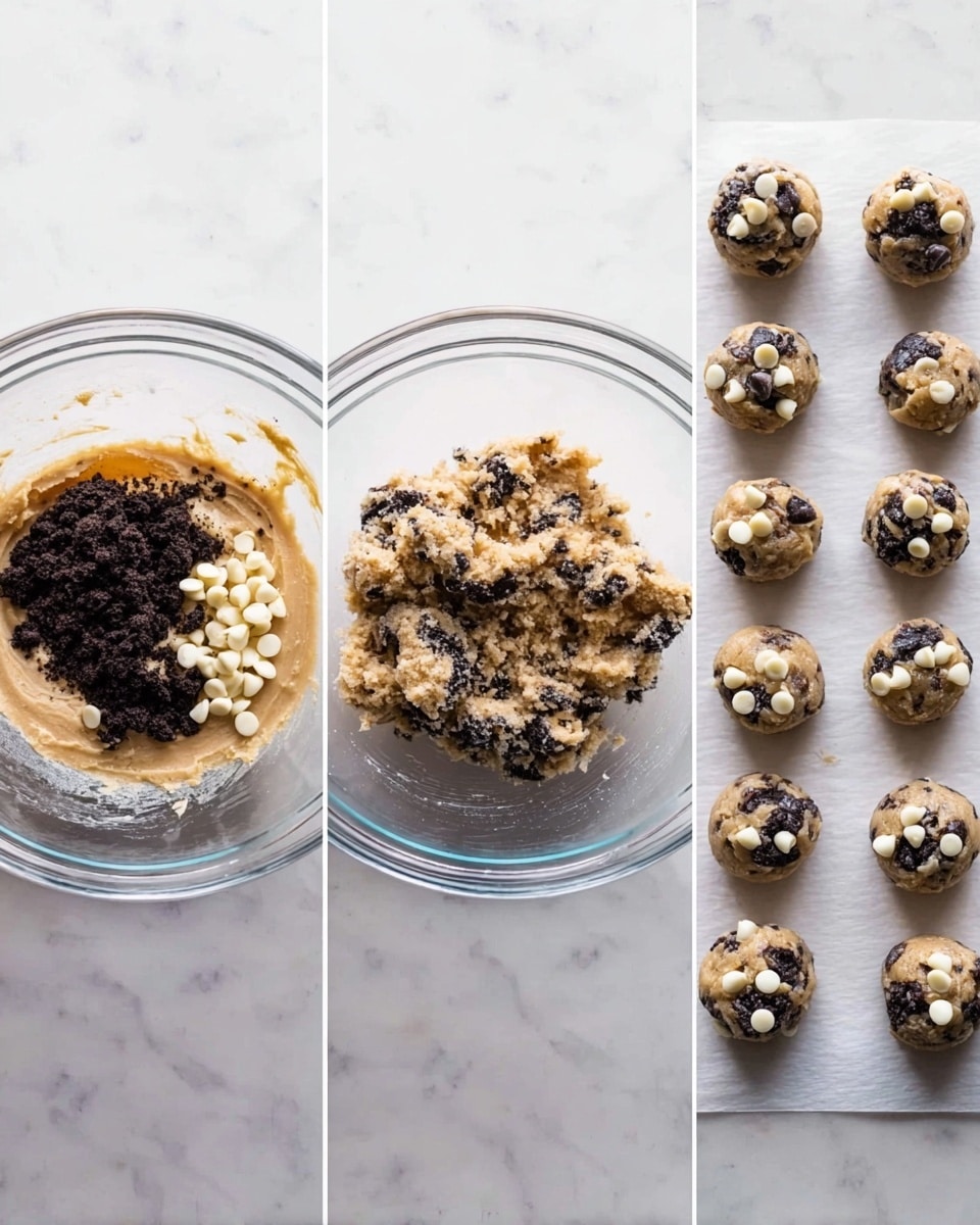 Three connected images show the process of making cookies on a white marbled surface. The left image has a clear glass bowl with three layers: creamy light brown dough at the bottom left, a heap of crushed dark chocolate cookies on the right, and white chocolate chips on the bottom left. The middle image shows the same bowl with the ingredients mixed into a textured light brown cookie dough with bits of dark cookie pieces spread evenly inside. The right image displays eight small round dough balls spaced out on white parchment paper, each topped with small white chocolate chips and dark cookie chunks. Photo taken with an iphone --ar 4:5 --v 7