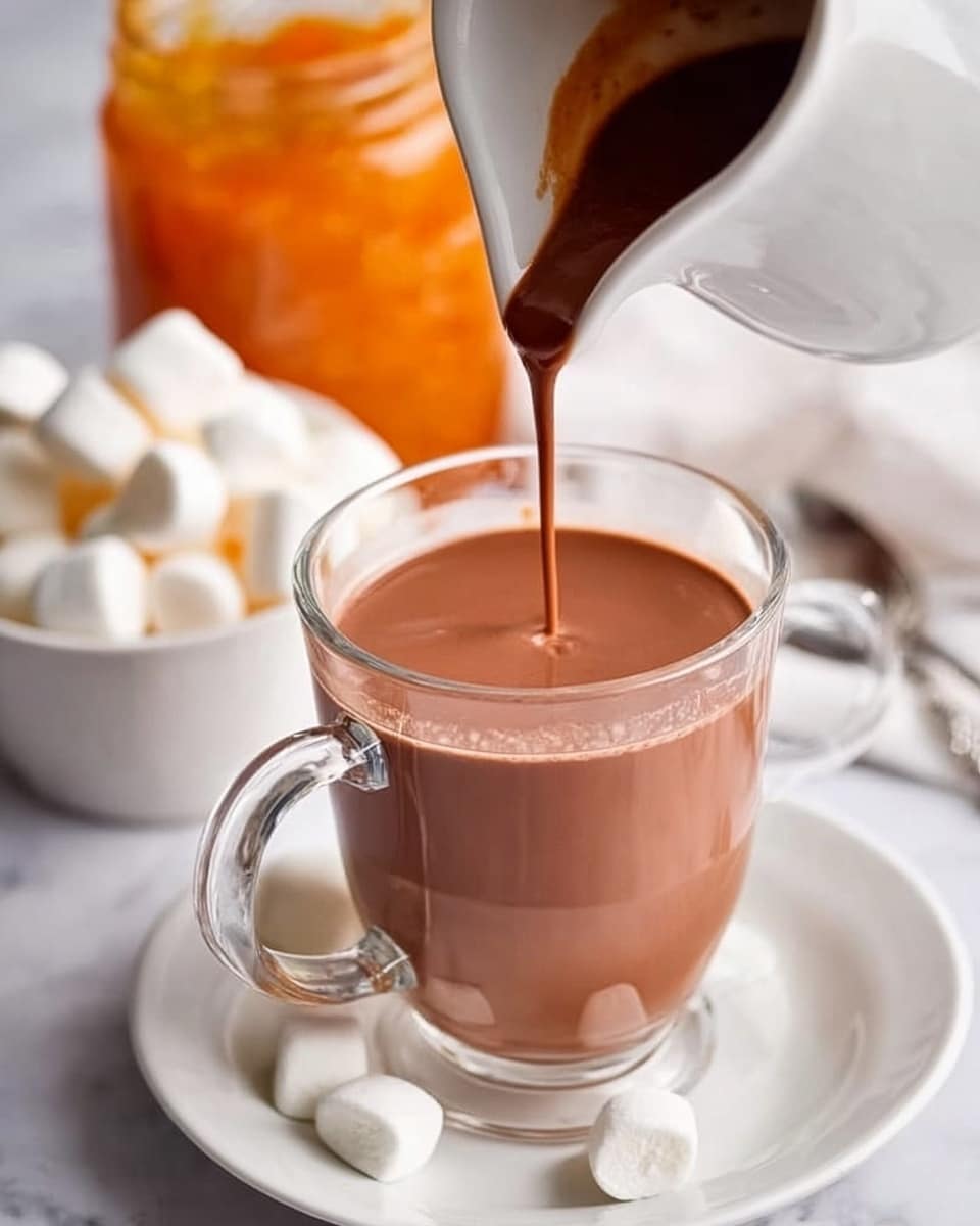 A clear glass cup filled with smooth, light brown hot chocolate is being poured from a white ceramic container. The cup sits on a white plate with small white marshmallows around it. In the background, there is a jar of orange-mix jam and a white bowl filled with more marshmallows, all set on a white marbled surface. The warm tones of the drink contrast with the soft white of the marshmallows, and a spoon is partially visible behind the jar. photo taken with an iphone --ar 4:5 --v 7