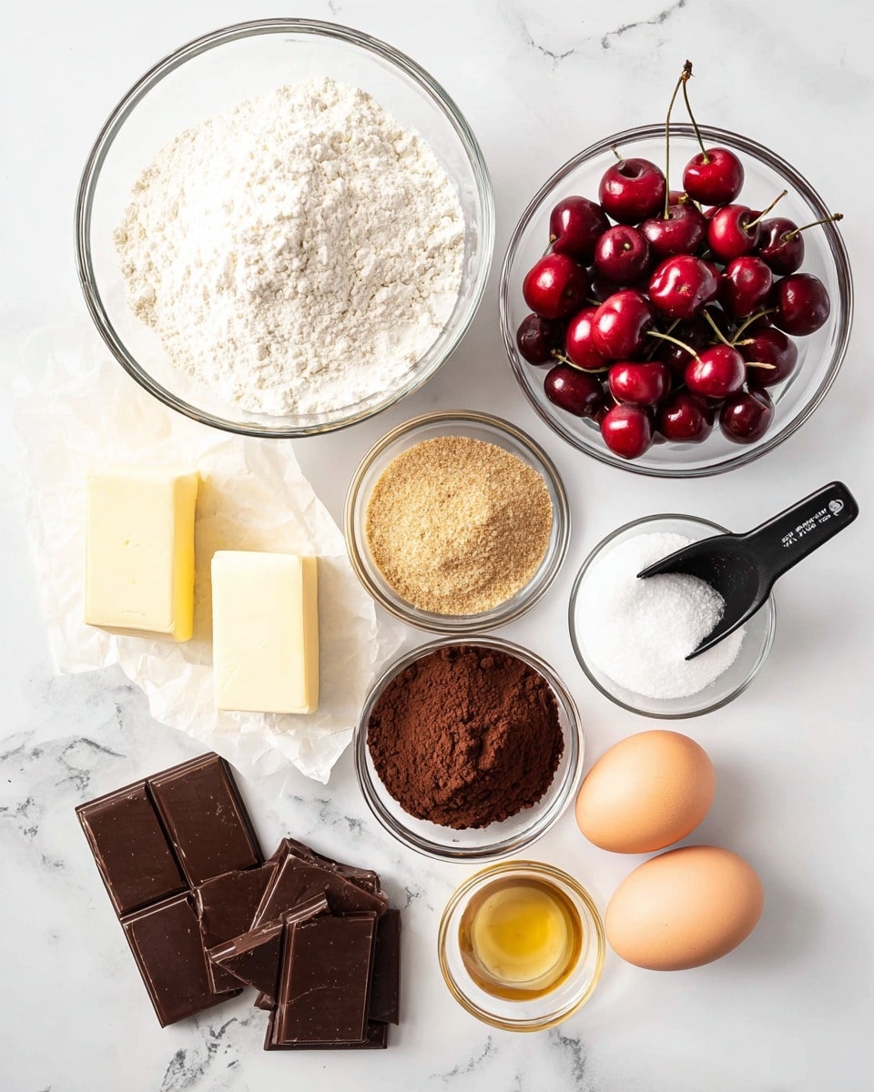 The image shows ingredients for baking arranged neatly on a white marbled surface. There is a white bowl filled with shiny red cherries at the top right. Below it, a clear glass bowl contains white flour with a slightly rough texture. Next to the flour is a black measuring cup filled with white sugar. Below the sugar, a small clear glass bowl holds light brown soft brown sugar, while next to it, two light yellow butter sticks lie on a piece of parchment paper. Below the flour and sugar, two dark brown chocolate bars rest flat on the surface with a smaller bar on top. Moving left, there is a smaller glass bowl with deep brown cocoa powder that has a fine texture. Three light brown eggs are placed near the center bottom. Lastly, a tiny glass bowl of light golden syrup and a small transparent dish of white salt complete the set of ingredients. photo taken with an iphone --ar 4:5 --v 7
