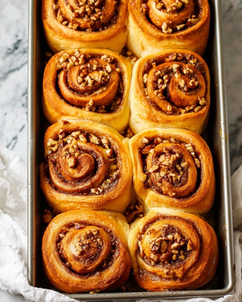 The image shows a metal baking tray filled with nine golden brown cinnamon rolls arranged closely together in three rows of three. Each roll has multiple spiral layers of soft dough with a mix of cinnamon and sugar filling, topped with small bits of chopped nuts scattered evenly across the surface. The edges are lightly crisp and browned, while the inside looks soft and fluffy. The tray rests on a white marbled surface with a white cloth partially visible at the bottom. The photo taken with an iphone --ar 4:5 --v 7