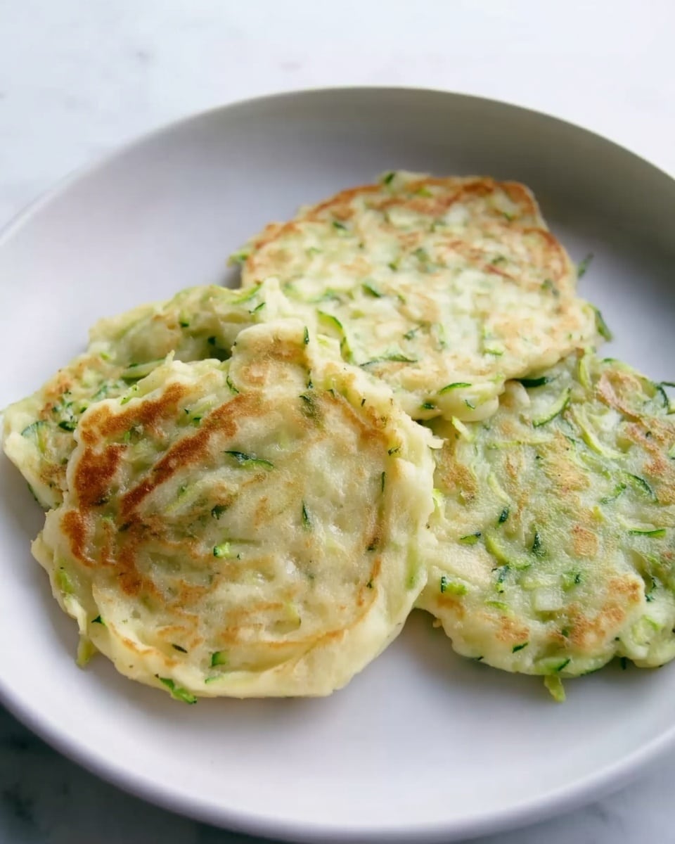 The image shows three small, round pancakes cooked to a light golden color with visible bits of green zucchini mixed inside. Each pancake has a soft, smooth texture with slight browning on the edges, sitting on a plain white plate. The background is a clean, white marbled surface, highlighting the pale green and creamy tones of the zucchini pancakes. Photo taken with an iphone --ar 4:5 --v 7