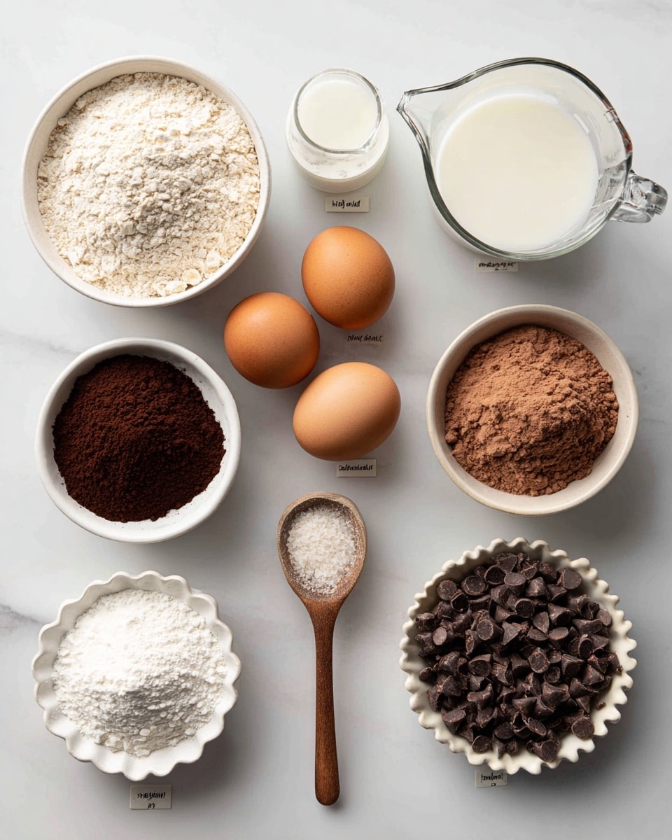 A white marbled surface holds eight items arranged neatly in three rows. On the top row, from left to right, there is a white bowl filled with oat flour, a small clear glass measuring jug with white milk, and a white bowl with light brown chocolate protein powder. The middle row has two brown eggs placed side by side in the center of the image. The bottom row includes a small wooden spoon with white baking powder, a small white bowl with dark brown cocoa powder, a small white scalloped dish with light brown coconut sugar, and a white bowl filled with dark chocolate chips. Each item is labeled with clear white tags with black text. Photo taken with an iphone --ar 4:5 --v 7