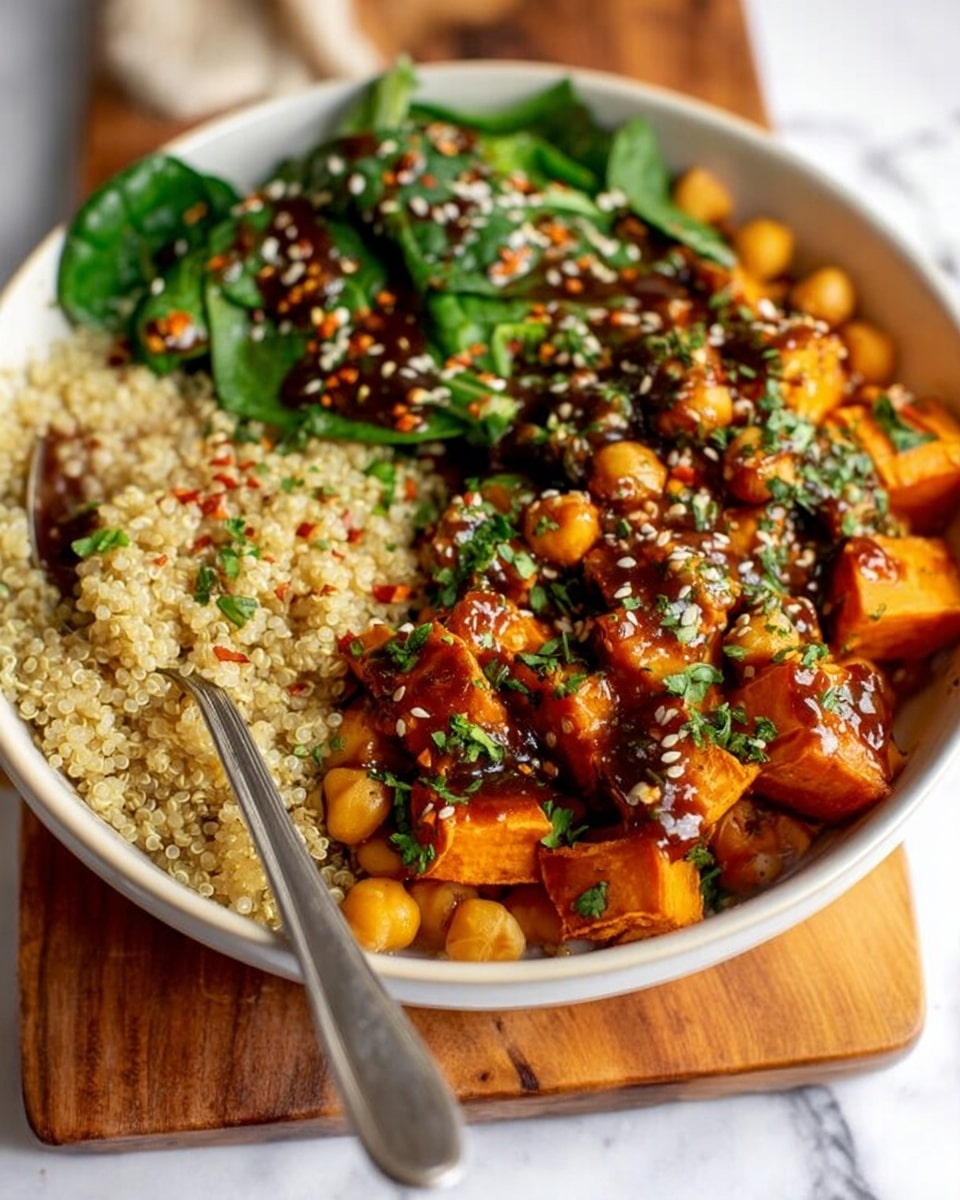A white bowl filled with three visible layers: the bottom layer is light beige quinoa with a slightly fluffy texture, topped on one side by cubed roasted orange sweet potatoes mixed with golden chickpeas, and on the other side bright green leafy spinach leaves. The entire dish is garnished with dark green chopped herbs and sprinkled with red chili flakes and white sesame seeds, drizzled in a dark brown sauce. A silver spoon is inside the bowl resting on the quinoa. The bowl sits on a wooden board with a white marbled surface in the background. Photo taken with an iphone --ar 4:5 --v 7