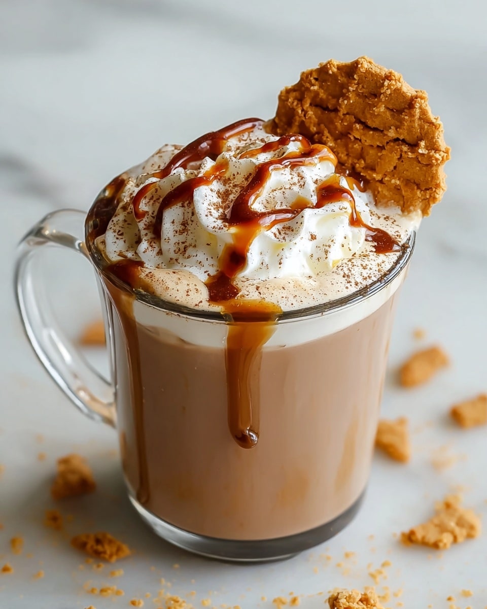 A clear glass mug filled with a light brown creamy drink, topped with a generous dollop of white whipped cream that has a soft, airy texture. On top of the whipped cream, there are thin, wavy lines of dark caramel syrup creating a decorative pattern, and a light dusting of fine brown cinnamon powder adds extra color and texture. A golden-brown crunchy cookie is placed resting on the edge of the mug, partially dipped into the drink. The mug is set on a white marbled surface with crumbs of similar golden cookies scattered around. photo taken with an iphone --ar 4:5 --v 7