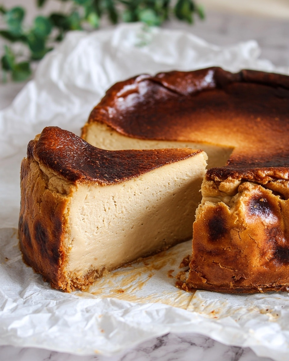 A round cheesecake with one slice taken out, showing a smooth, creamy beige inside layer with a slightly firm texture. The outside layer is golden brown and slightly burnt at the edges, wrapping around the sides with a crinkled, baked crust that has dark brown spots. The cheesecake is resting on crumpled white parchment paper placed on a white marbled surface with some green blurred plants in the background. Photo taken with an iphone --ar 4:5 --v 7