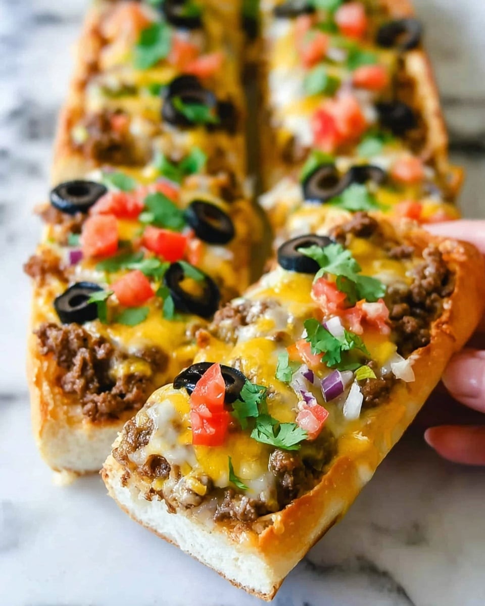 The image shows a long, thick slice of bread with several layers of toppings. The bottom layer is a soft white bread base, topped with cooked ground meat that is brown and crumbly in texture. Above the meat is melted yellow cheese, adding a smooth and shiny layer. Scattered on top are small pieces of bright red tomatoes, black olive slices, and green cilantro leaves for color contrast. A woman's hand is holding one piece at the front, showing the layers clearly. The bread and toppings sit on a white marbled surface, and the overall image is bright and vivid, showing the textures and colors of the food well. photo taken with an iphone --ar 4:5 --v 7