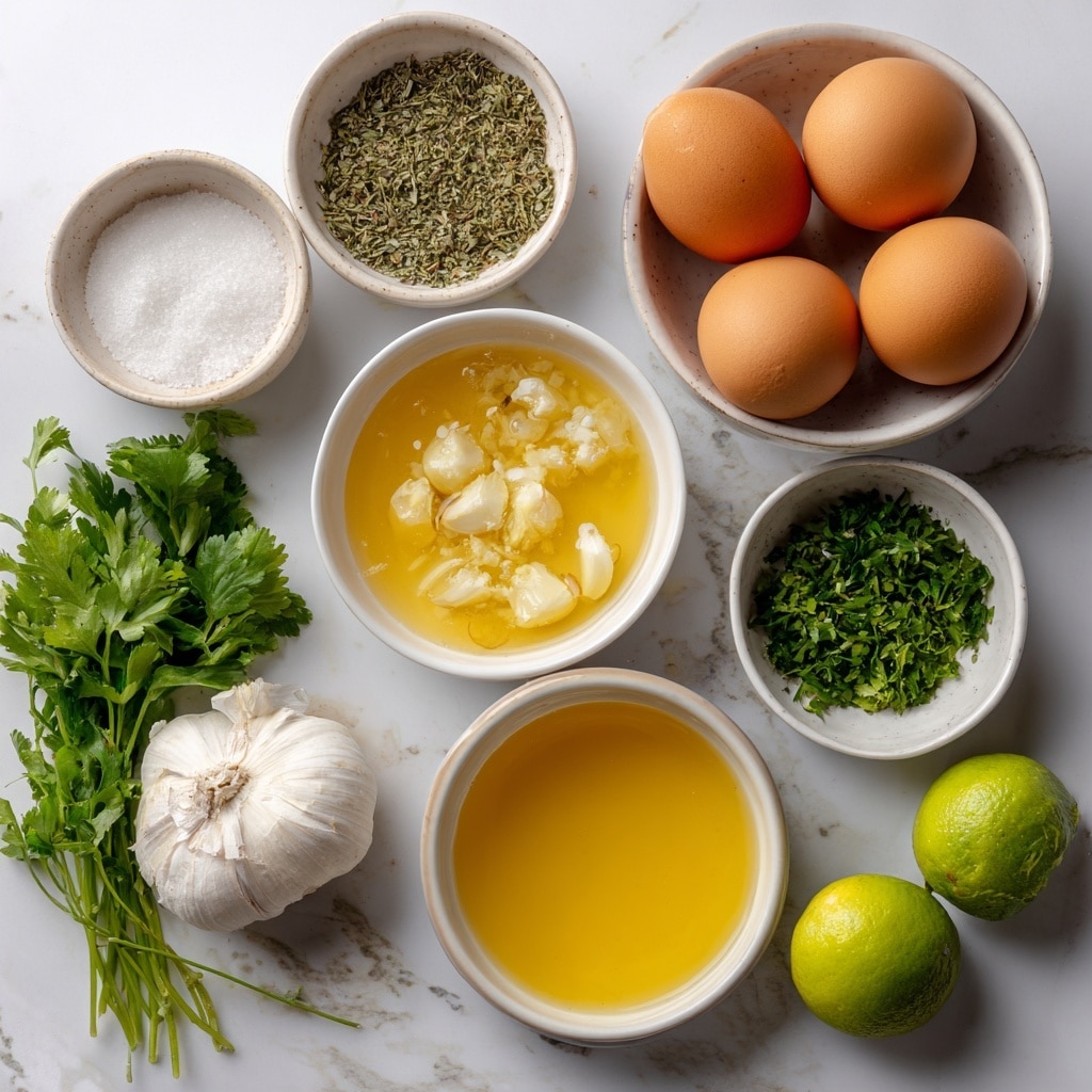 A white bowl filled with clear golden broth that has small bits of white pieces and green herbs floating throughout, creating a textured look; the bowl rests on a white marbled surface, surrounded by fresh green herbs and whole garlic cloves, with a light green cloth napkin partially visible to the left; the broth's surface has a slight shimmer from tiny droplets of oil. photo taken with an iphone --ar 4:5 --v 7