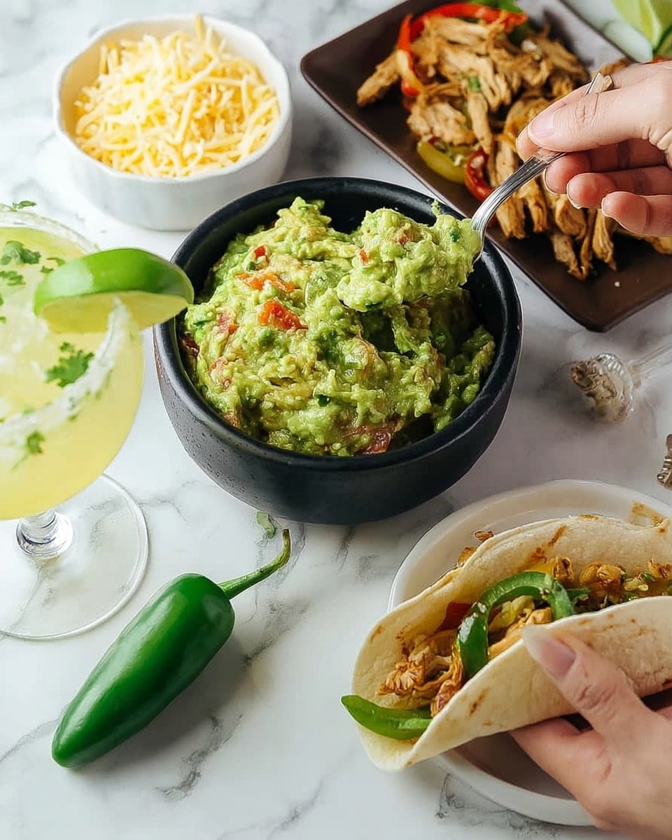 The image shows a black bowl filled with chunky green guacamole with bits of tomato and herbs visible, with a woman's hand holding a spoon scooping some guacamole. Next to it is a small white bowl of shredded cheese and a dark brown rectangular plate with cooked strips of chicken and vegetables. In front, a white plate holds a soft white tortilla folded with cooked chicken, sautéed onions, and peppers inside, held by a woman's hand. There are two whole green chili peppers placed beside the black bowl. A glass with a yellow drink garnished with a lime slice sits to the left, all placed on a white marbled surface. Photo taken with an iphone --ar 4:5 --v 7