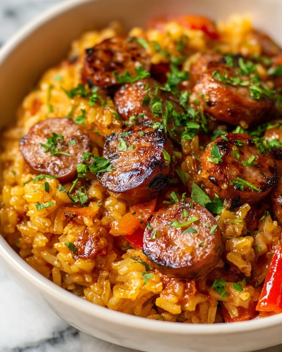 A white plate holds a single serving of a yellow-orange rice dish mixed with small pieces of red bell pepper and browned round slices of sausage layered evenly throughout. The sausage slices have a slightly charred texture with dark brown spots. The rice looks soft and moist, blending well with the vegetables and meat. The plate sits on top of another empty white plate, both resting on a white marbled surface. To the right side of the plate is a golden fork placed flat. In the blurred background, there is a white bowl filled with the same rice dish and a small white bowl containing orange carrot slices. Photo taken with an iphone --ar 4:5 --v 7