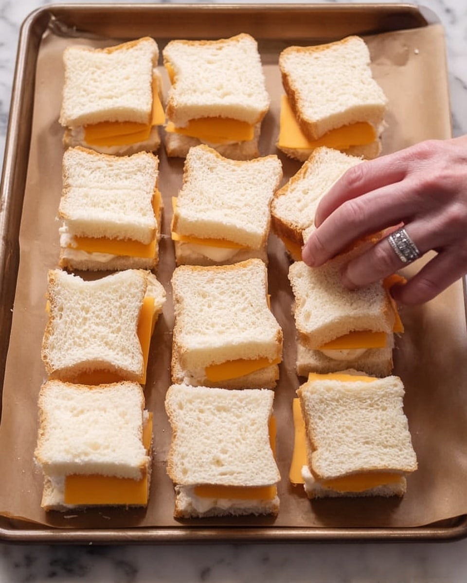 There are fifteen small sandwiches arranged in five rows of three on a brown baking sheet lined with parchment paper. Each sandwich has two white bread slices with a light, fluffy texture and golden-brown crusts, and a single square slice of bright orange cheese in the middle. A woman's hand with a ring is placing one sandwich in the upper right area. The background shows a white marbled surface. photo taken with an iphone --ar 4:5 --v 7