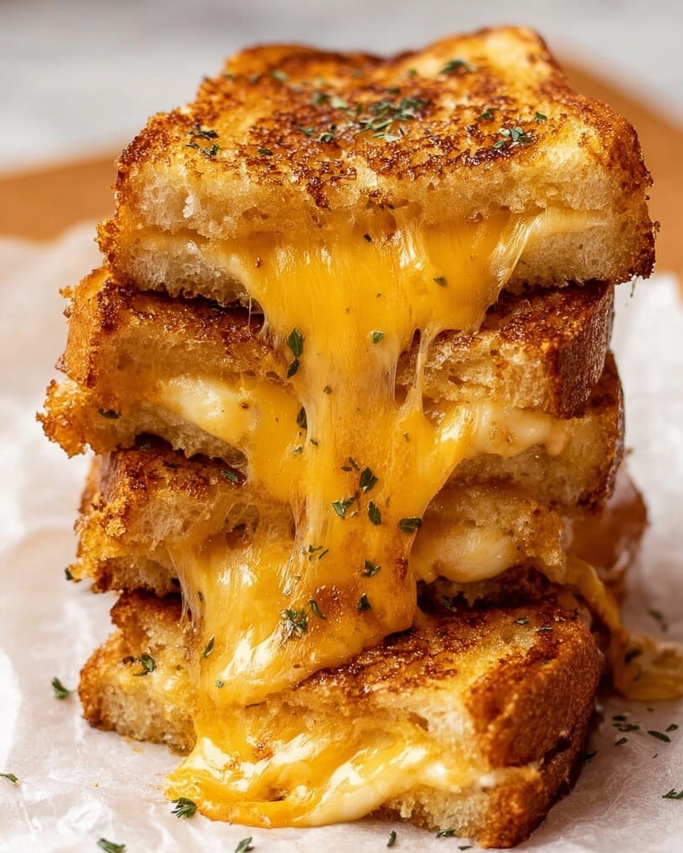 This image shows several small grilled cheese sandwiches stacked on a wooden board. Each sandwich has two layers of lightly toasted bread, golden brown in color with a speckled texture from herbs or seasoning on top. Inside, there is a thick layer of melted cheese that oozes slightly from the sides. Behind the sandwiches, there is a white bowl filled with smooth, bright orange tomato soup. The whole scene is set on a white marbled surface. photo taken with an iphone --ar 4:5 --v 7