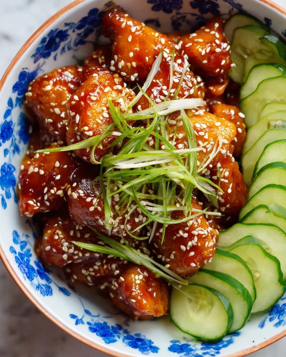 A close-up view of a bowl filled with bite-sized pieces of orange glazed chicken coated in a thick sauce, sprinkled generously with white sesame seeds. Under the chicken, there are fresh cucumber slices arranged neatly along one side of the bowl. Thin green onion strands lay on top of the chicken, adding a fresh green contrast. The bowl is white with a blue floral pattern inside, and the background is a white marbled texture photo taken with an iphone --ar 4:5 --v 7