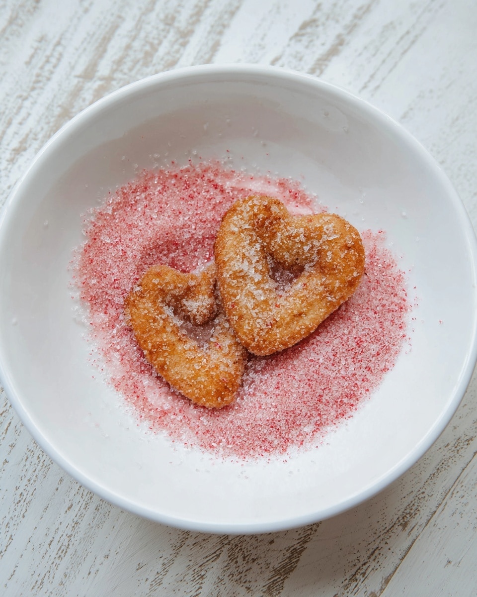 A white bowl sits on a white marbled surface, containing two heart-shaped fried dough treats. The treats have a golden-brown color and are sprinkled lightly with white sugar. Beneath and around the dough shapes, there is a thick layer of pink sugar, creating a soft, grainy texture that spreads unevenly in the bowl. Photo taken with an iphone --ar 4:5 --v 7