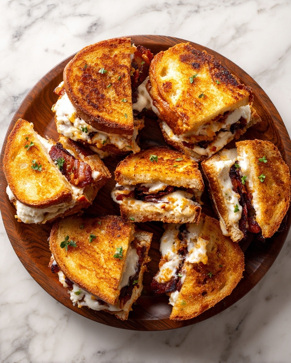 The image shows a wooden board holding four grilled sandwiches, each made of two golden brown, crispy corn cake layers with a textured, slightly uneven surface. Between the layers, there is a thick white melted cheese layer and a rich reddish-brown meat filling peeking out, showing a mix of smooth and slightly chunky textures. The sandwiches are arranged in a pile, two whole cakes and two cut in half, revealing their melty layers. To the left side on the board, a small white bowl holds a dark soy-based dipping sauce sprinkled with green herbs. The background is a white marbled surface, and part of a striped gray cloth is visible on the lower right. photo taken with an iphone --ar 4:5 --v 7