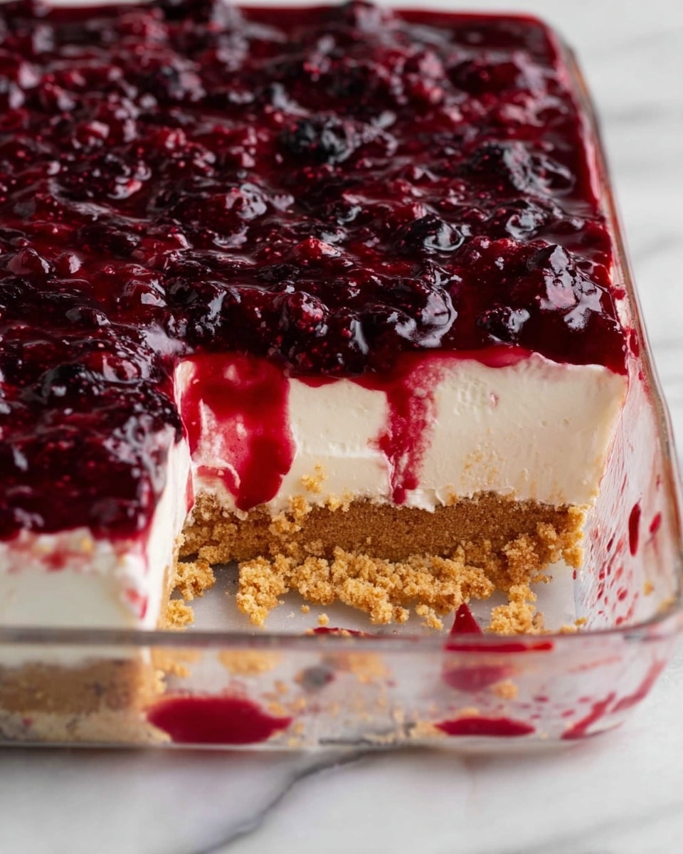 The image shows a close-up of a rectangular layered dessert in a clear glass dish on a white marbled surface. The bottom layer is a crumbly light brown crust, topped by a thick creamy white layer, and finished with a glossy deep red berry topping that has visible berry pieces. A section of the dessert is missing, revealing all three layers with some crumbs scattered beside the dish and smears of red sauce on the surface. photo taken with an iphone --ar 4:5 --v 7
