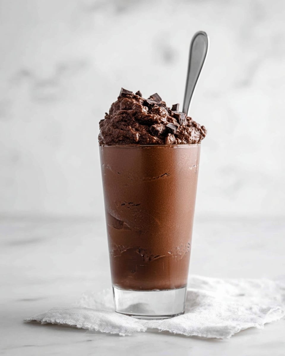 A tall clear glass filled with two layers of dark brown chocolate mousse. The bottom layer is smooth and dense, filling most of the glass. On top, a thick, rough textured chocolate mousse is piled high with visible chocolate chunks mixed in. A silver spoon is placed inside the mousse, standing upright from the top. The glass is placed on a white marbled surface with a soft white napkin or paper beneath it. The background is also a clean white marbled texture, giving a bright and simple look. Photo taken with an iphone --ar 4:5 --v 7