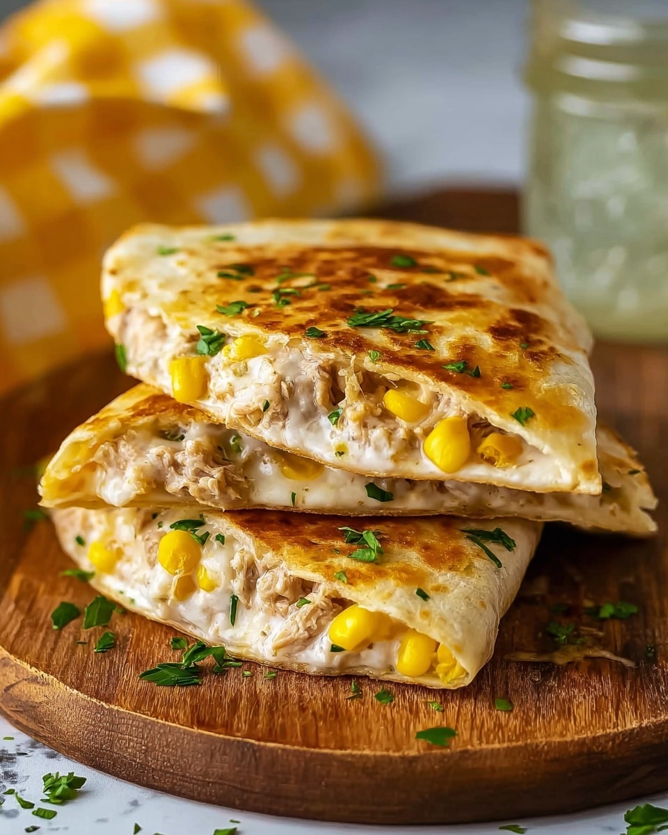 The image shows two golden brown folded tortillas stacked on a round wooden board, each filled with creamy white melted cheese mixed with chunks of light brown meat and bright yellow corn kernels. Fresh green herbs are sprinkled on top of the tortillas and inside the filling, giving a fresh touch. The tortillas have a slightly crispy, toasted texture visible with small browned spots. The background features a soft, yellow checkered cloth and a blurred glass container. The overall look is warm and inviting, with the focus on the melty, textured filling and crisp tortillas, arranged on a surface with a white marbled texture photo taken with an iphone --ar 4:5 --v 7
