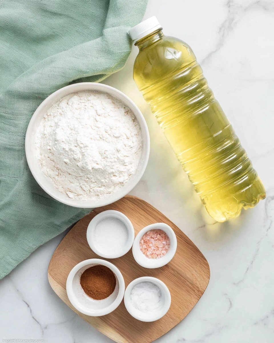 A clear plastic bottle filled with light yellow cooking oil lies diagonally on the top right side of the image over a white marbled surface, with a soft green cloth beneath its upper part. Below it, on the left side, there is a white bowl filled with white flour. To the right of the flour, on a small wooden board, four small white bowls are arranged: cinnamon powder in the top bowl to the right of the flour, salt in the bottom left bowl, sugar in the bottom right bowl, and pink salt in another white bowl positioned between the oil bottle and the flour. The colors are soft, mostly light with white and natural tones, creating a clean and simple kitchen ingredient setup photo taken with an iphone --ar 4:5 --v 7