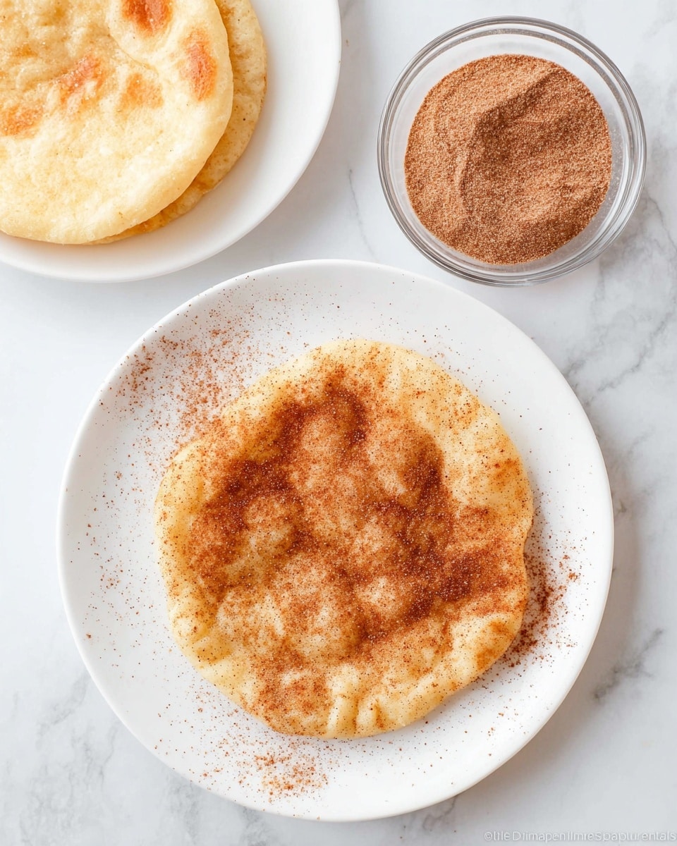 A round fried flatbread with a light golden-brown color and slightly puffy texture sits on a white plate. The flatbread is sprinkled unevenly with a reddish-brown cinnamon sugar mix, with some of the sugar scattered lightly around it on the plate. Above the plate, there is a small clear glass bowl filled with the same cinnamon sugar mix. Another plain fried flatbread with a light golden color rests on a separate white plate, positioned toward the upper left corner. All items are placed on a white marbled surface. photo taken with an iphone --ar 4:5 --v 7
