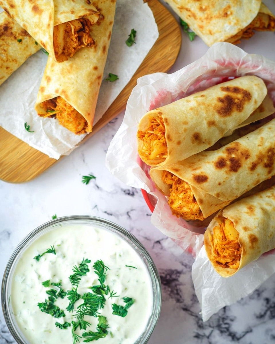The image shows several rolled wraps filled with a spiced orange filling, likely shredded filling, positioned on white parchment paper over a white marbled surface. There are four wraps in a white basket on the right side, two wraps lying directly on the white marbled surface in the top left, and one wrap partially visible in the bottom left corner. In the foreground, there is a glass bowl filled with a creamy white sauce garnished with fresh green herbs on top. The overall color palette includes warm orange tones from the filling, light beige from the wraps, bright green from the herbs, and neutral white from the surfaces. Photo taken with an iphone --ar 4:5 --v 7