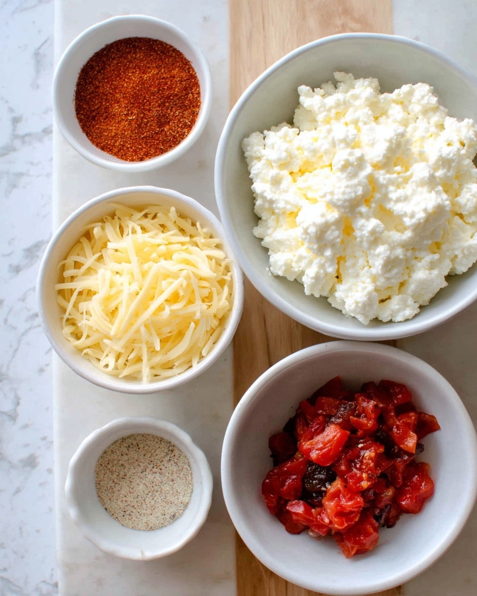 The image shows four small white bowls arranged on a white marbled surface; the largest bowl is filled with white cottage cheese, showing a soft and lumpy texture. Below it is a bowl with red diced tomatoes mixed with small bits of black char or seasoning, creating a chunky and moist layer. To the left is a bowl filled with shredded yellow and white cheese strands, light and thin. At the top is a bowl with a fine layer of reddish-brown seasoning powder, smooth and even. Photo taken with an iphone --ar 4:5 --v 7