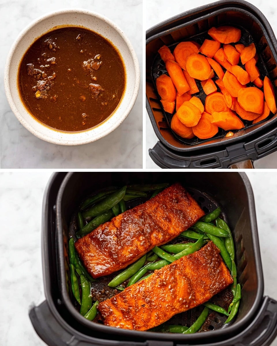 Air Fryer Miso Salmon with Carrots and Snow Peas Recipe - Recipe Image