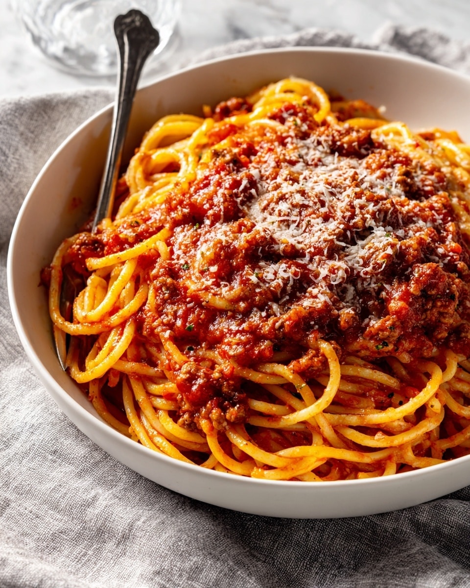 A white bowl filled with a single layer of spaghetti noodles covered in thick red tomato sauce mixed with small brown meat pieces, topped with a light sprinkling of finely grated white cheese spread evenly over the noodles and meat. The bowl is set on a light gray textured cloth with a silver fork resting nearby and a glass partially visible in the upper corner. Photo taken with an iphone --ar 4:5 --v 7