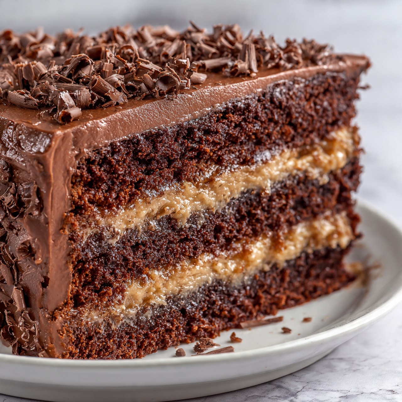 A close-up view of a three-layer chocolate cake on a white plate with a smooth, glossy chocolate frosting covering the outside and top. Between each layer is a thick, light brown creamy filling, while the cake layers are rich dark brown with a moist texture. The top of the cake is decorated with loose chocolate curls scattered evenly. The background is a white marbled surface. photo taken with an iphone --ar 4:5 --v 7