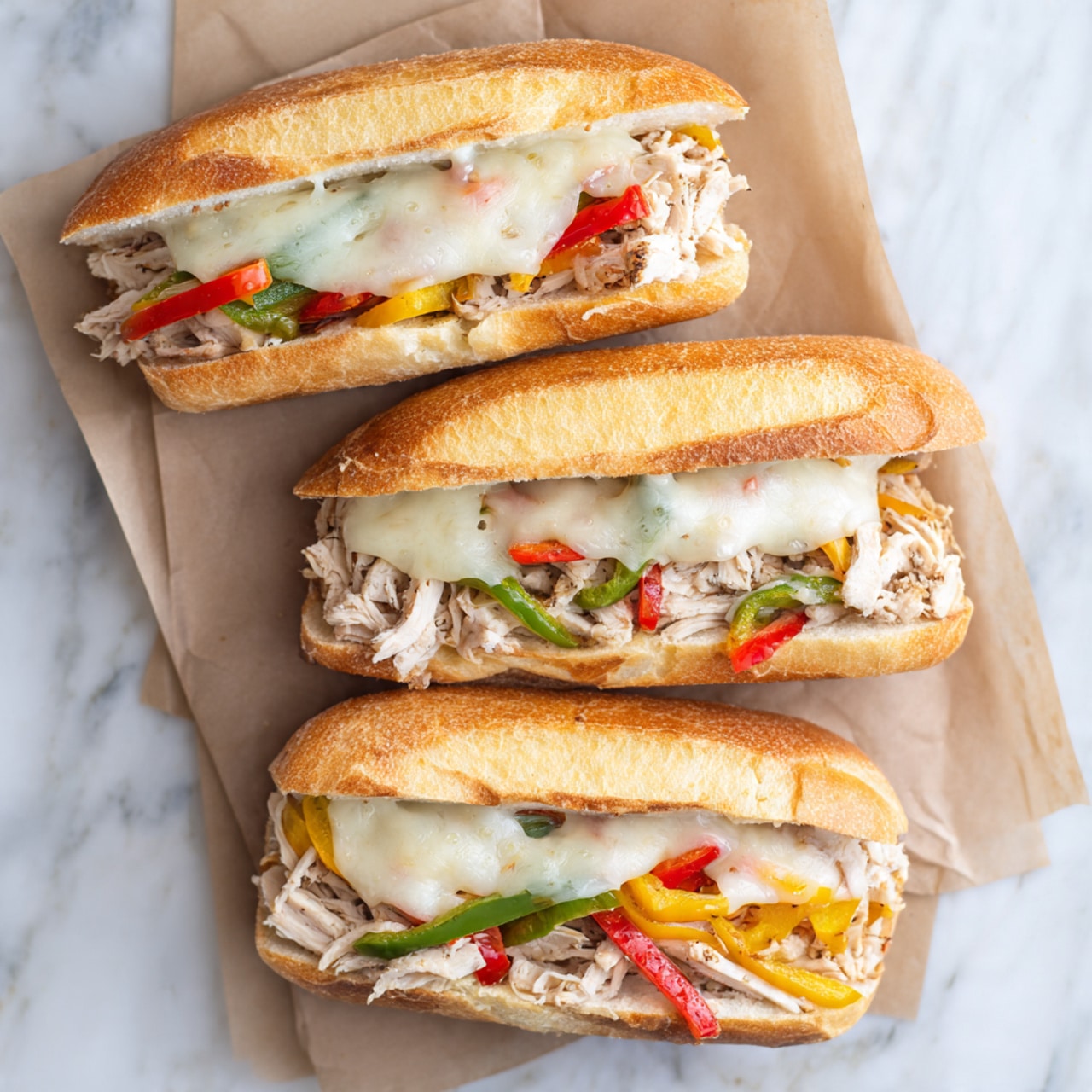 Three sandwiches are shown from above on brown paper, placed on a white marbled surface. Each sandwich has three visible layers: the bottom layer is a toasted soft bun with a light golden color; the middle layer shows pieces of cooked chicken meat mixed with red, green, and yellow bell pepper strips; the top layer is melted white cheese covering the chicken and peppers, looking slightly browned in spots. The sandwiches are close together, filling the frame. photo taken with an iphone --ar 4:5 --v 7