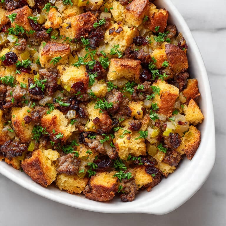 Jiffy Cornbread Dressing with Sausage, Apple, and Cranberries Recipe