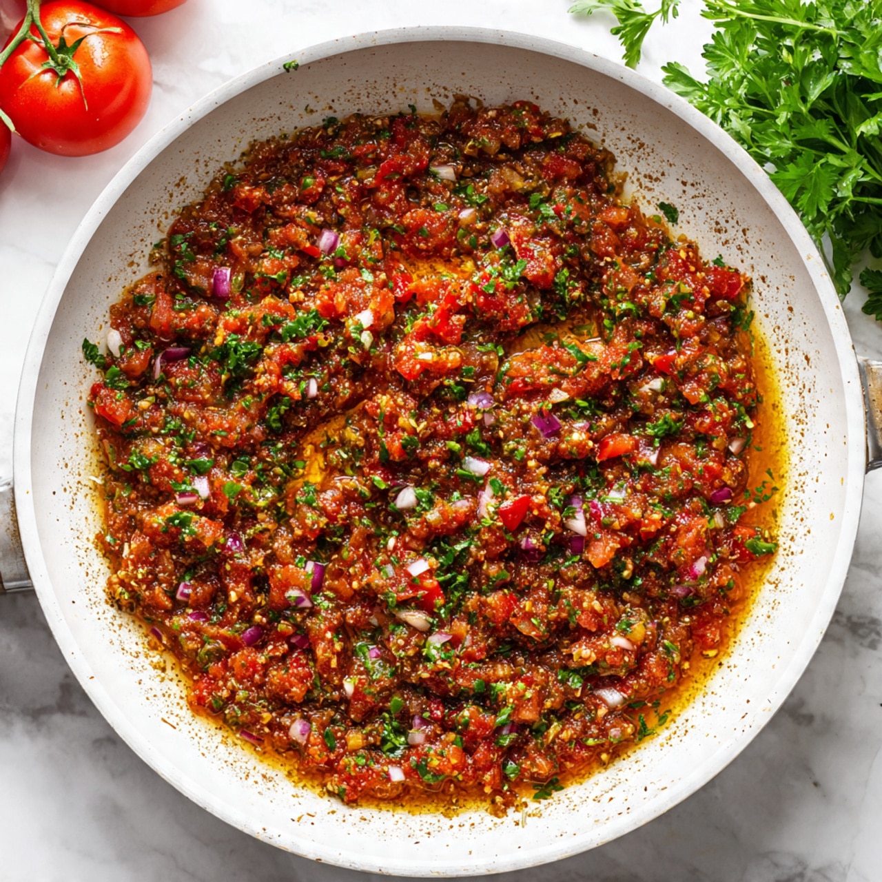 A white frying pan filled with a thick mixture showing three main layers: a chunky layer of finely chopped red tomatoes, green herbs, and white and purple onions mixed evenly throughout, with a slightly oily shiny texture on top; the mixture has a moist, cooked look with small pieces visible all over. The pan rests on a white marbled surface with some blurred tomatoes and herbs in the background. Photo taken with an iphone --ar 4:5 --v 7