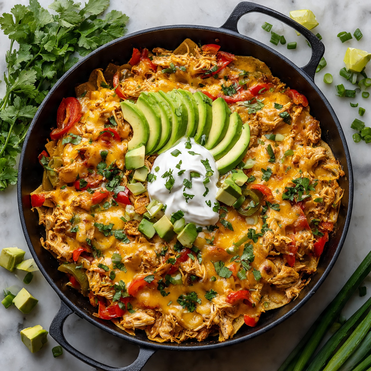 The dish shows a black pan filled with a layer of orange melted cheese melted over strips of light brown cooked chicken and slices of red and green bell peppers. On top, there is a neat row of fresh light green avocado slices placed next to a dollop of white sour cream, sprinkled with small green cilantro leaves. Around the sour cream are scattered chunks of avocado and more cilantro. The pan sits on a white marbled surface with some green onions and cilantro in the background. photo taken with an iphone --ar 4:5 --v 7